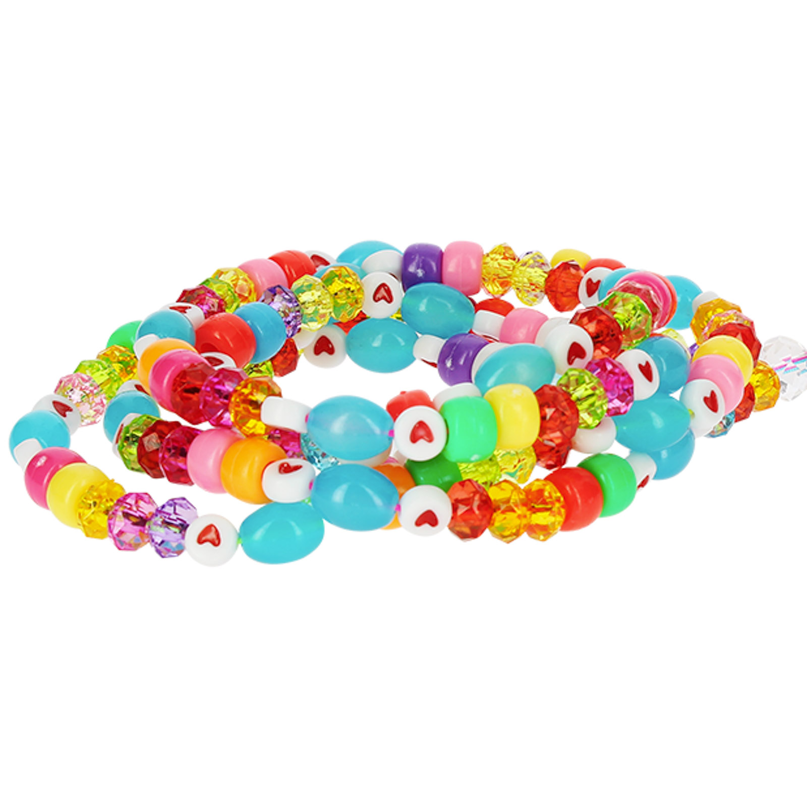 Braccialetti realizzati con perline colorate a forma di cuore, ovali e sfaccettate.