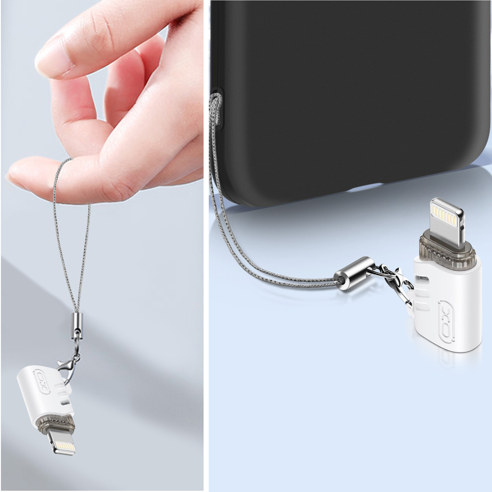 Un adaptateur blanc avec connecteur lightning sur une lanière, tenu par un doigt.