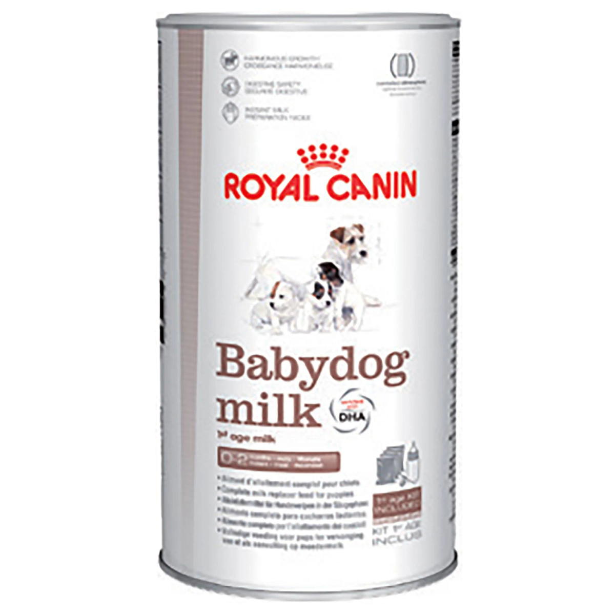 Puszka mleka Royal Canin Baby dog z wizerunkami szczeniąt i ikoną butelki.