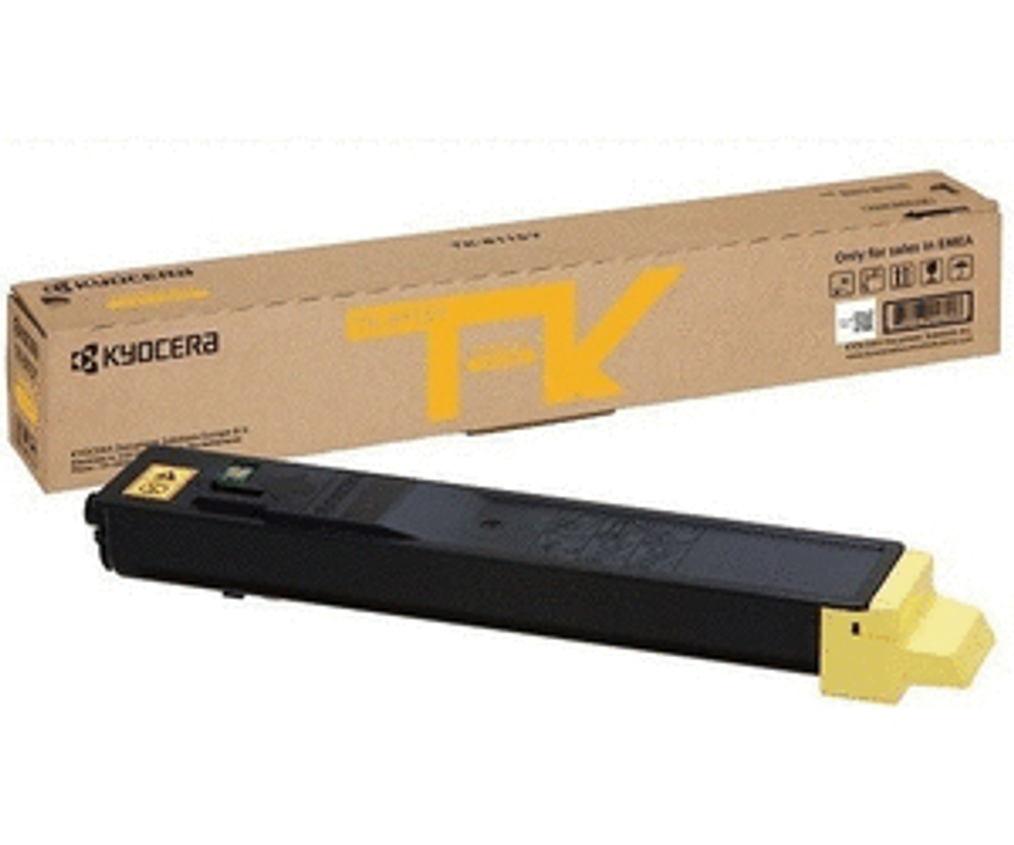 Una cartuccia toner gialla Kyocera TK-1157 e la sua scatola sono mostrate su sfondo bianco.