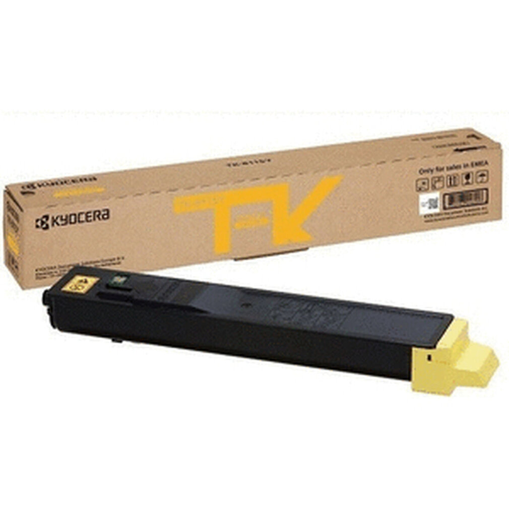 Cartuccia toner Kyocera TK-4115 e scatola. Cartuccia nera con accenti gialli, scatola marrone con logo TK giallo.