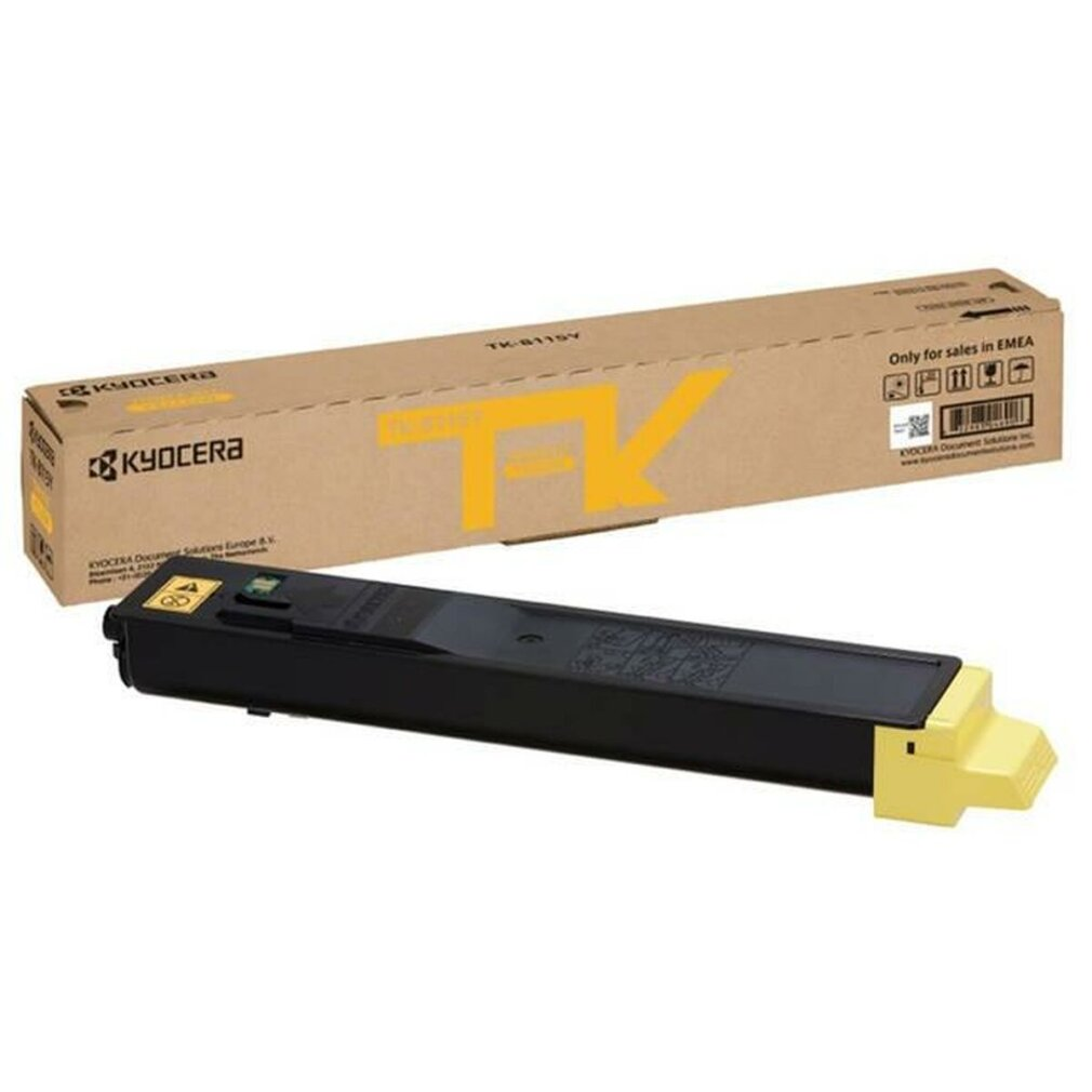 Cartuccia toner Kyocera TK-8115Y in scatola. Cartuccia nera con accenti gialli.