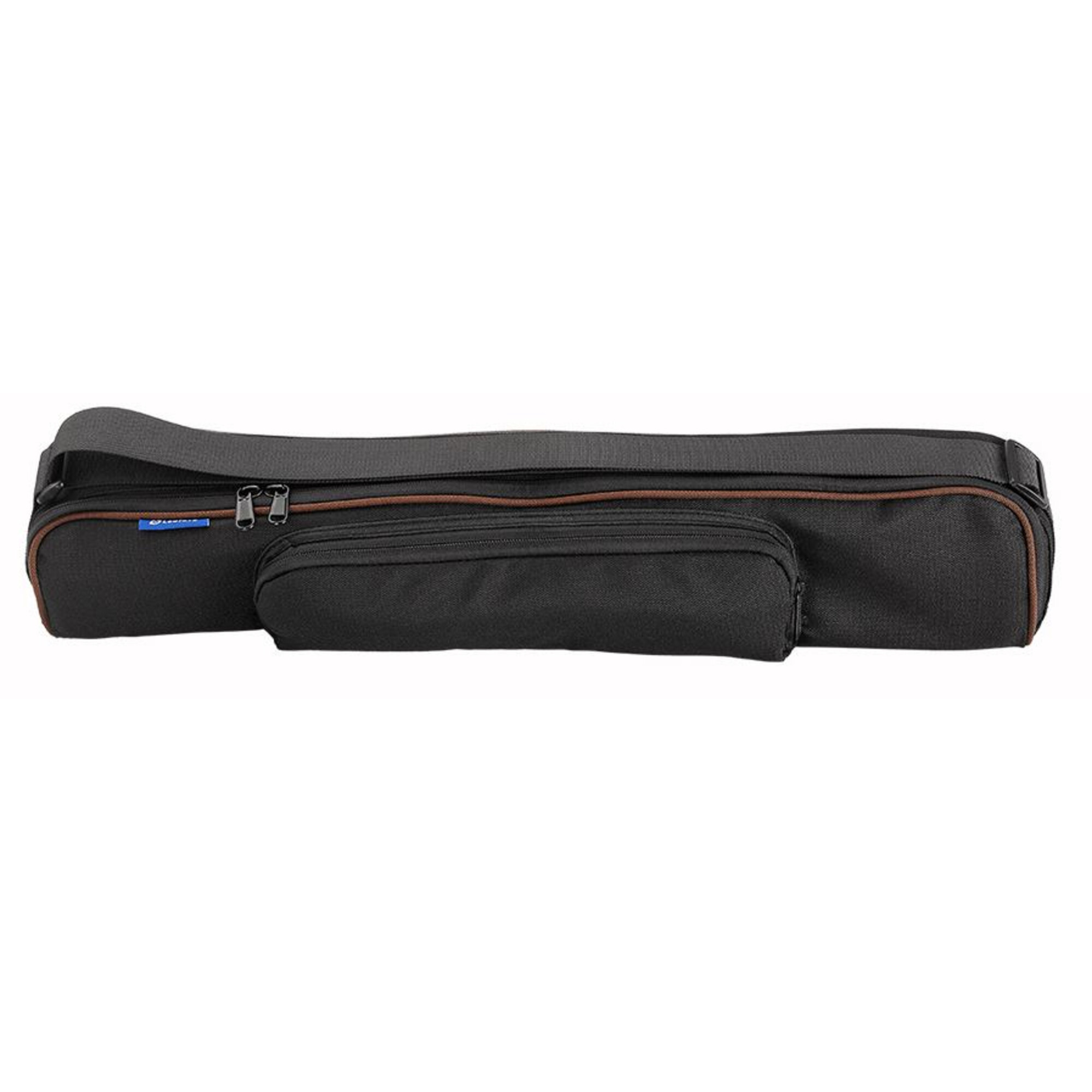 Schwarzer Instrumentenkoffer mit brauner Zierleiste und kleiner angebrachter Tasche. Mit Reißverschlüssen.