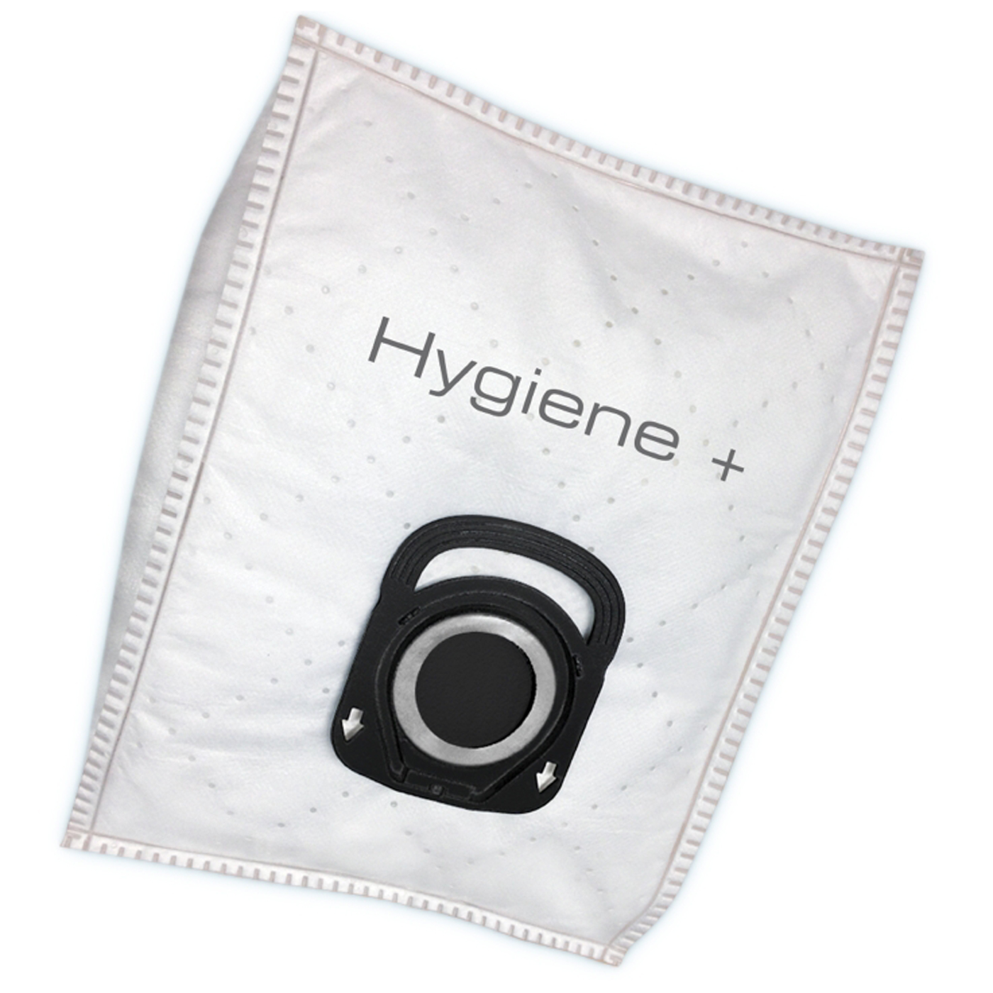 A white vacuum cleaner bag with "Hygiene +" text and a black connector.