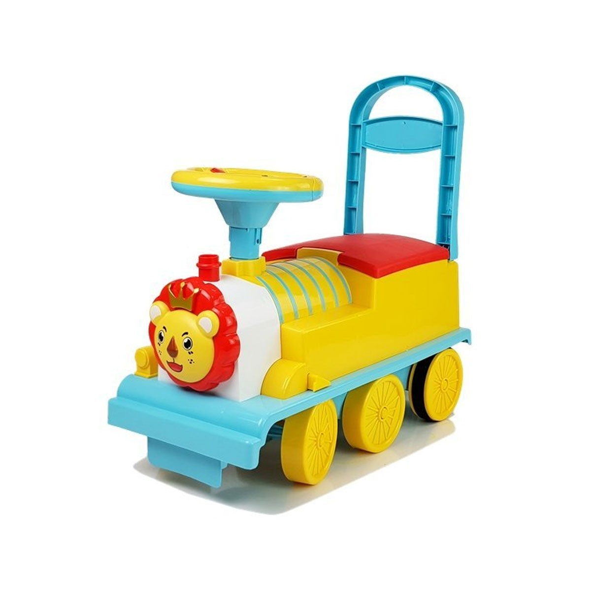 Un trenino giocattolo colorato con faccia di leone, volante e manico.