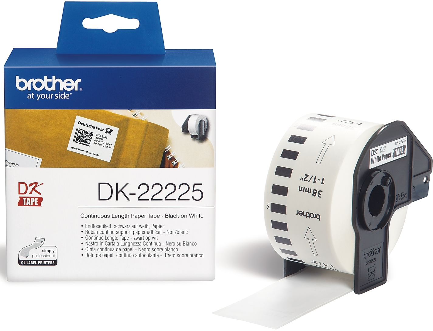 Un rotolo di nastro di carta continuo Brother DK-22225 e la sua scatola.