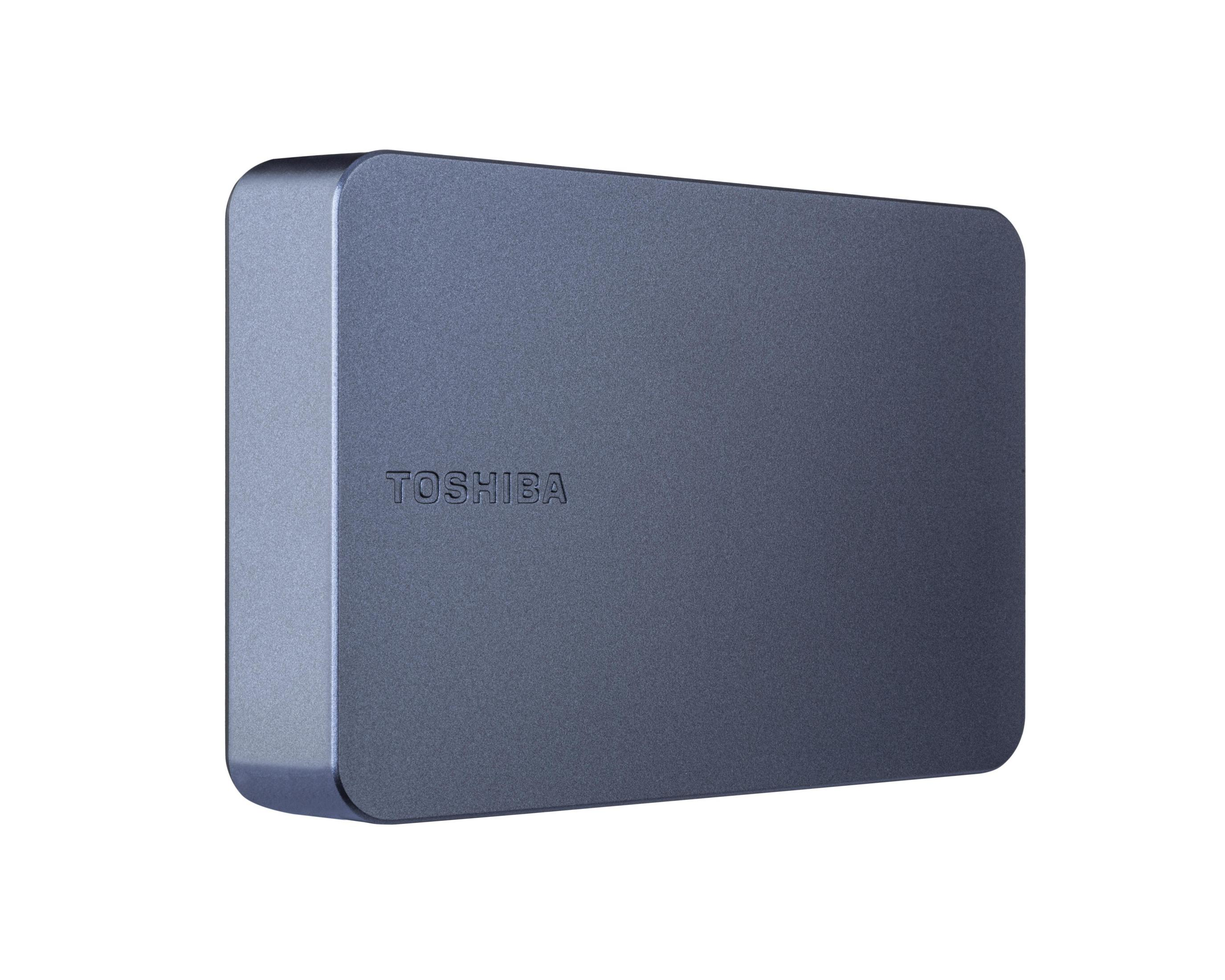 A dark blue Toshiba external hard drive with rounded corners on a white background.