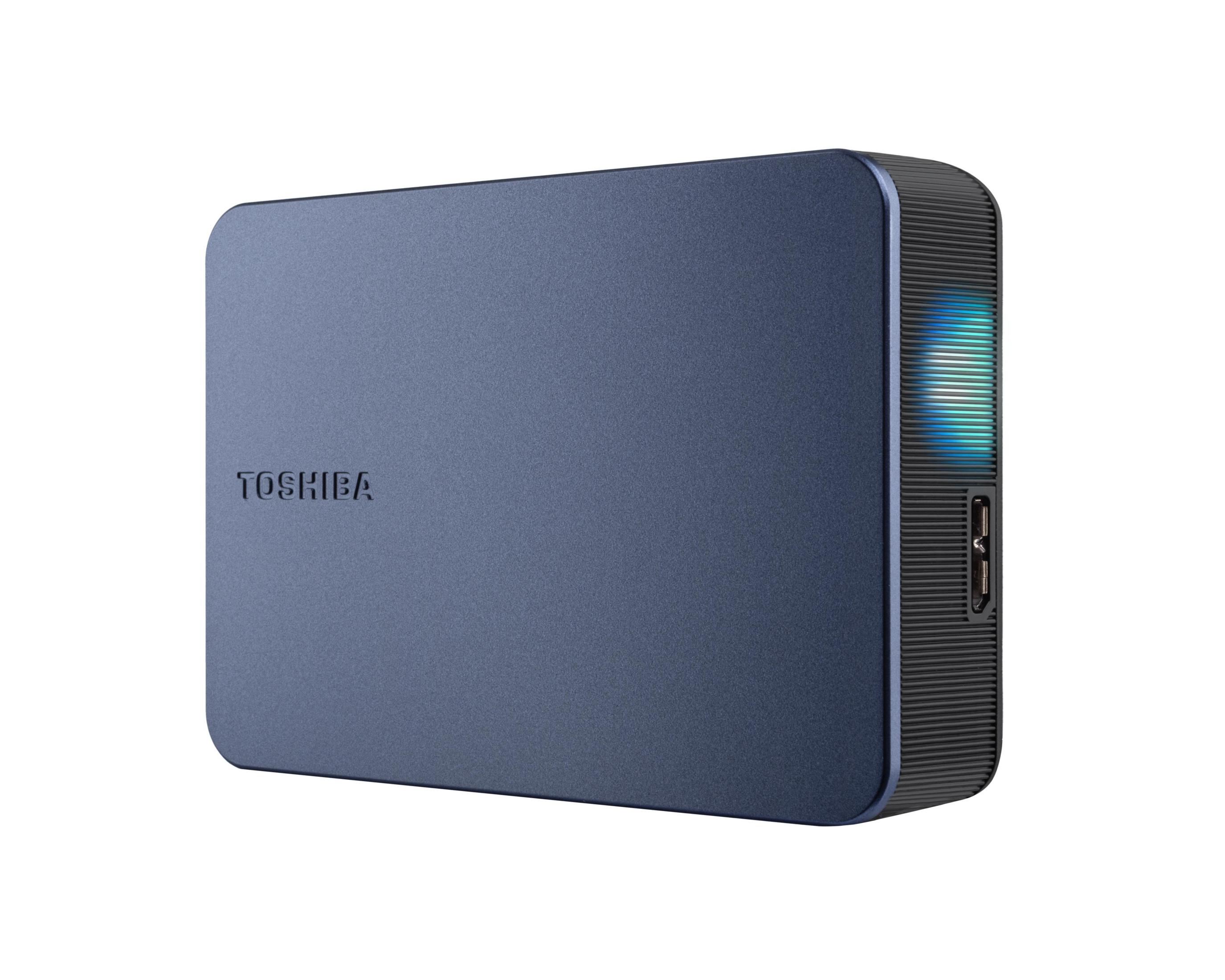 A blue Toshiba external hard drive with a USB port and blue indicator lights.