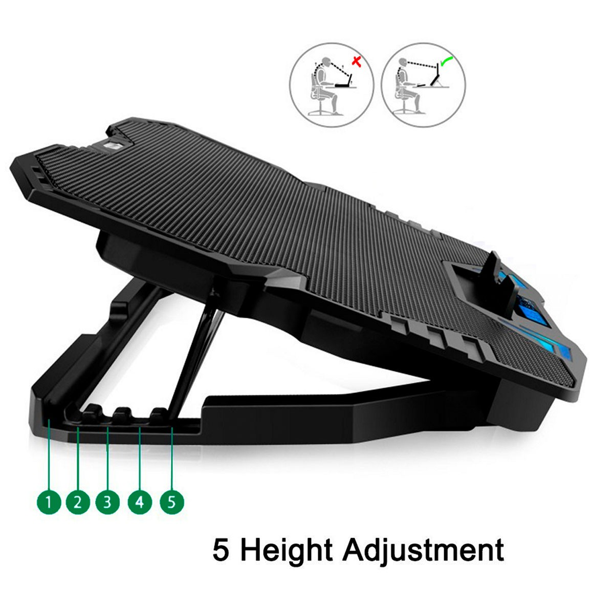 Soporte negro para portátil con 5 ajustes de altura y ventiladores.