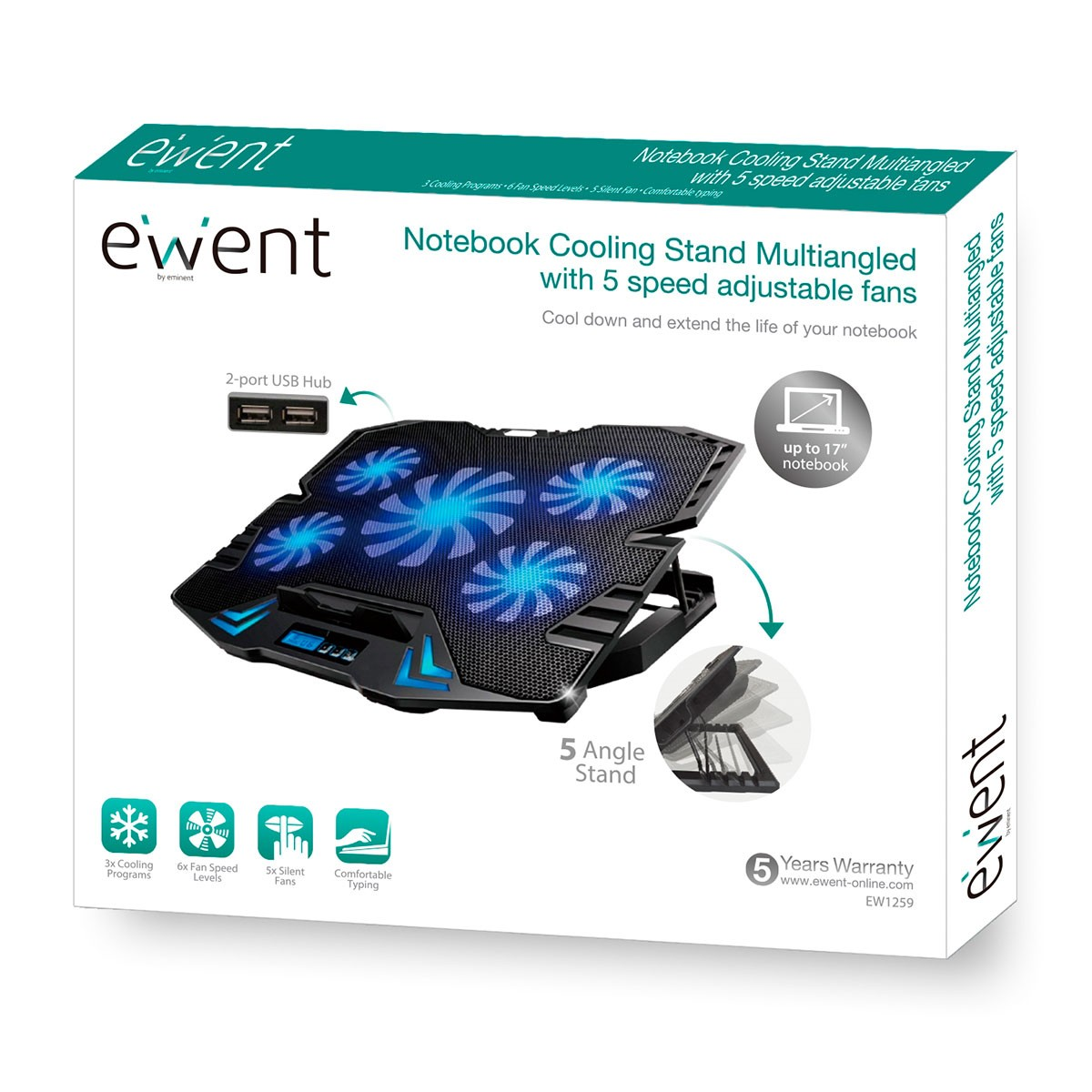 Base de refrigeración Ewent para portátil con 5 ventiladores LED azules, hub USB de 2 puertos.