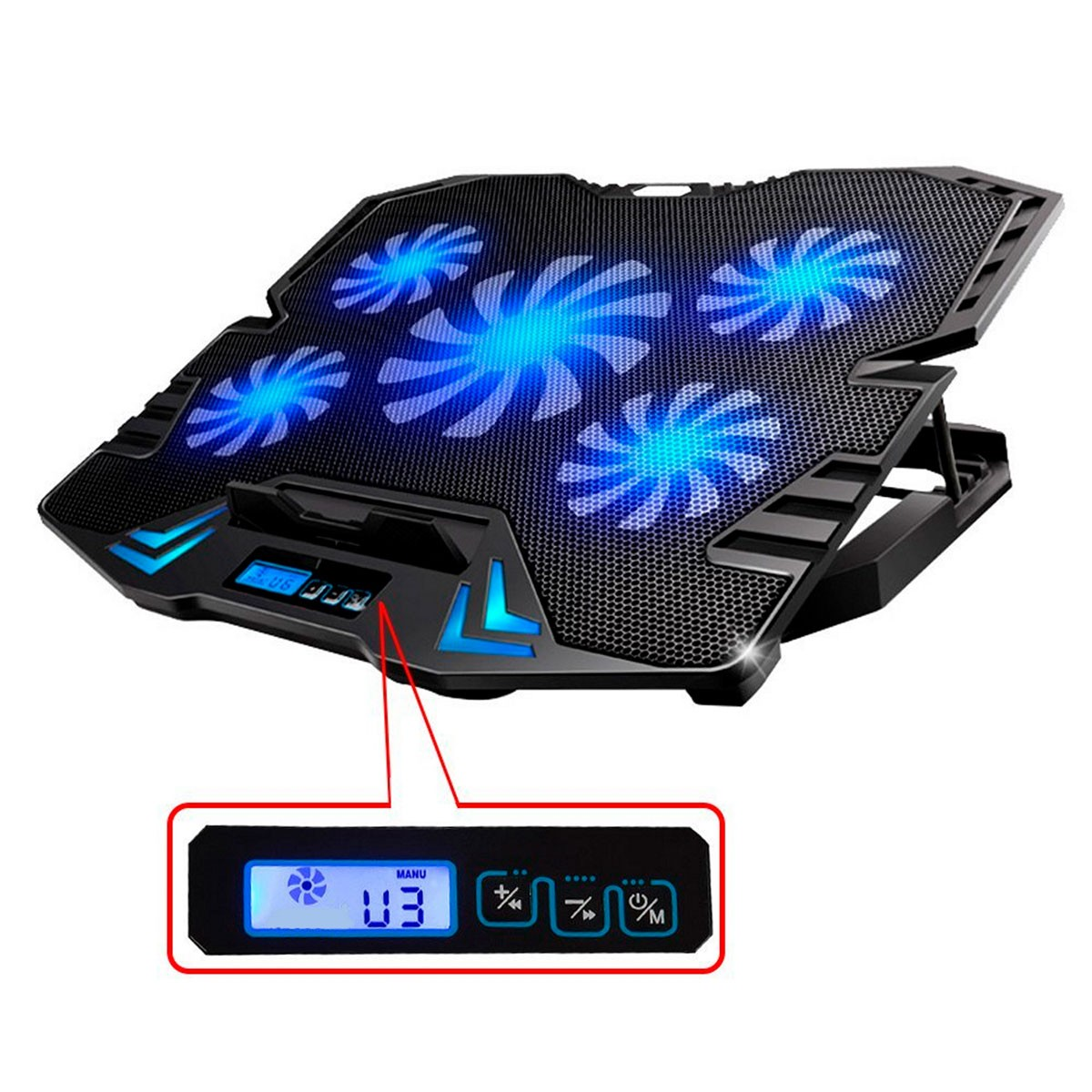 Base de refrigeración negra para portátil con ventiladores LED azules y pantalla digital.