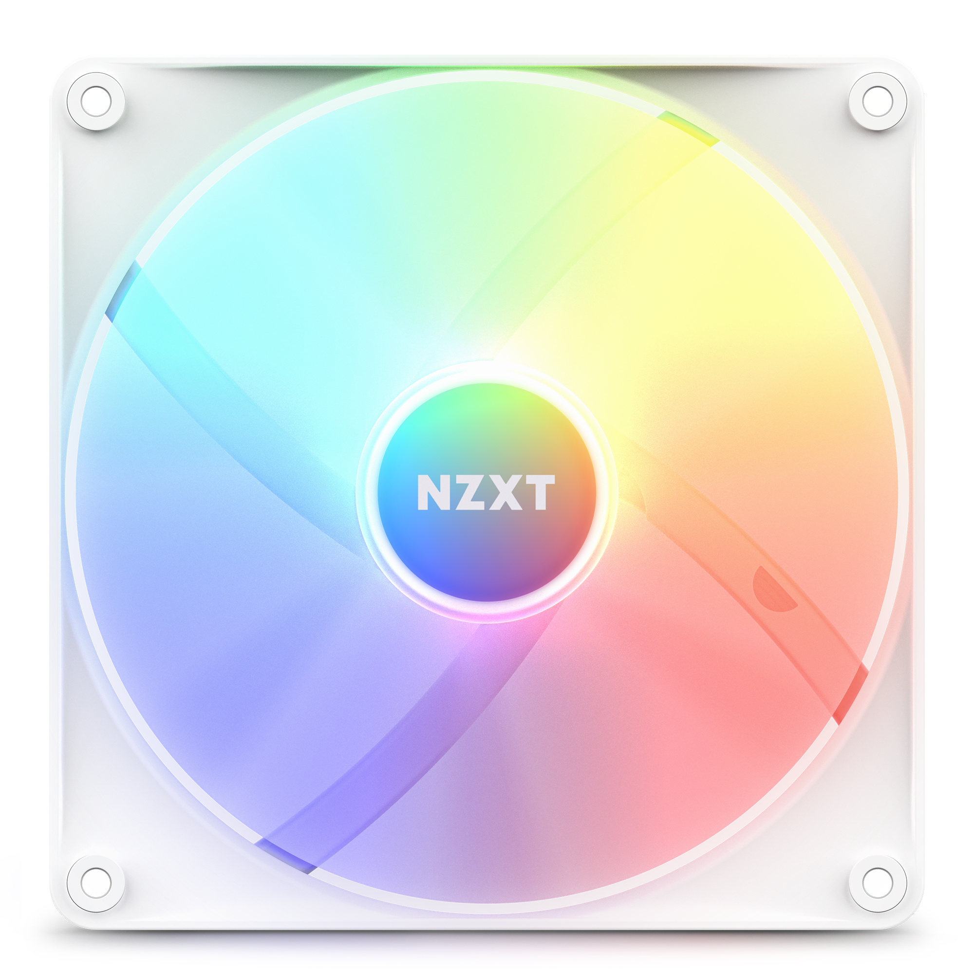 Una ventola per PC NZXT bianca con illuminazione RGB, che mostra una sfumatura di colori.