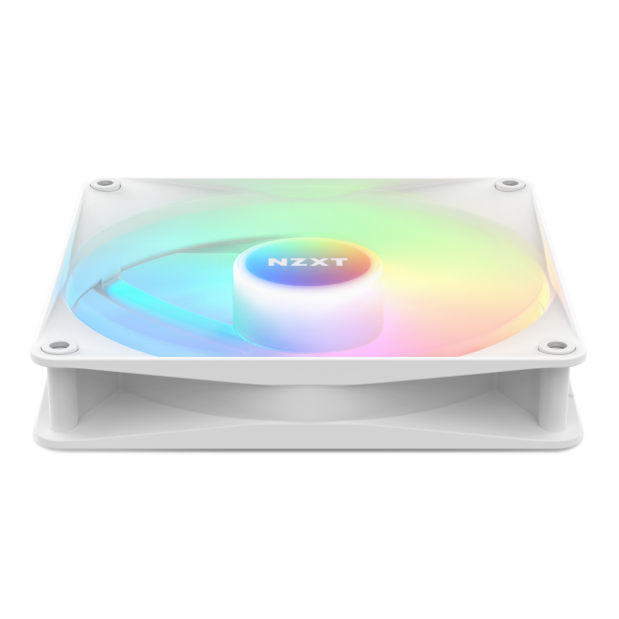 Una ventola PC bianca con illuminazione RGB colorata e logo NZXT su sfondo bianco.