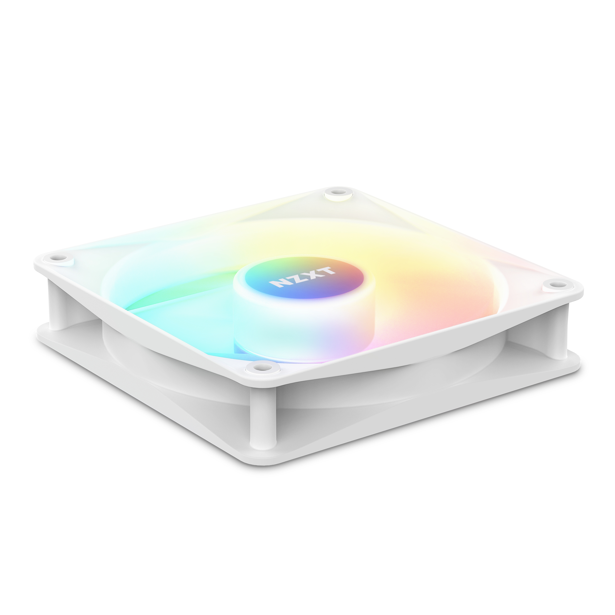 Una ventola PC bianca con illuminazione RGB e logo NZXT sull'alloggiamento centrale.