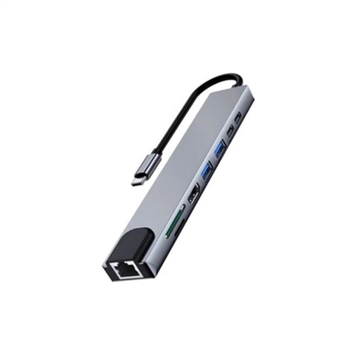 Ein silberner USB-C-Hub mit mehreren Anschlüssen, darunter Ethernet und SD-Kartensteckplätze.