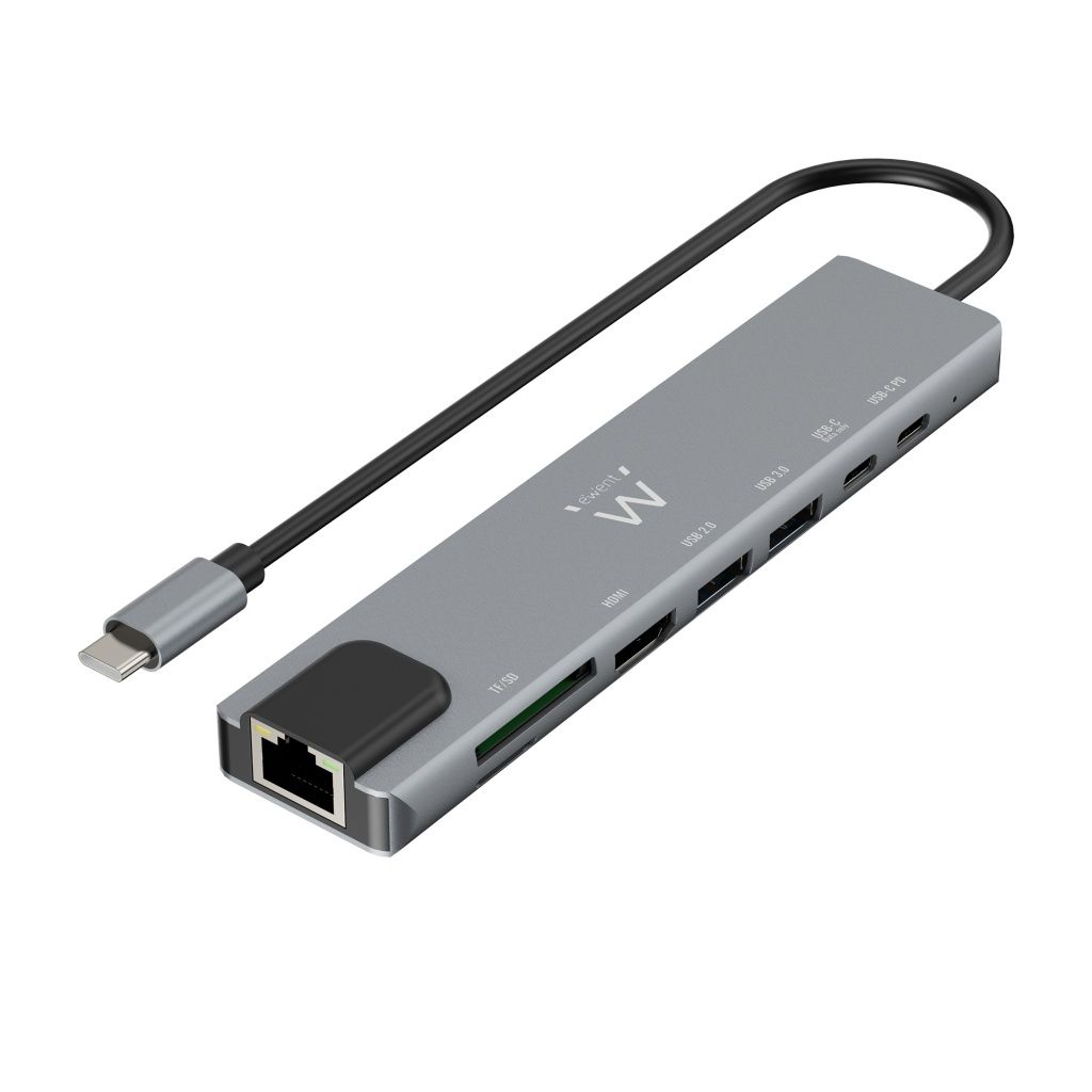 Ein grauer USB-C-Hub mit HDMI, USB-Anschlüssen, TF/SD-Kartensteckplätzen und Ethernet-Anschluss.