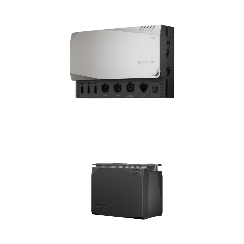 Due centrali elettriche EcoFlow: un'unità superiore argentata con porte e un'unità inferiore nera con display.