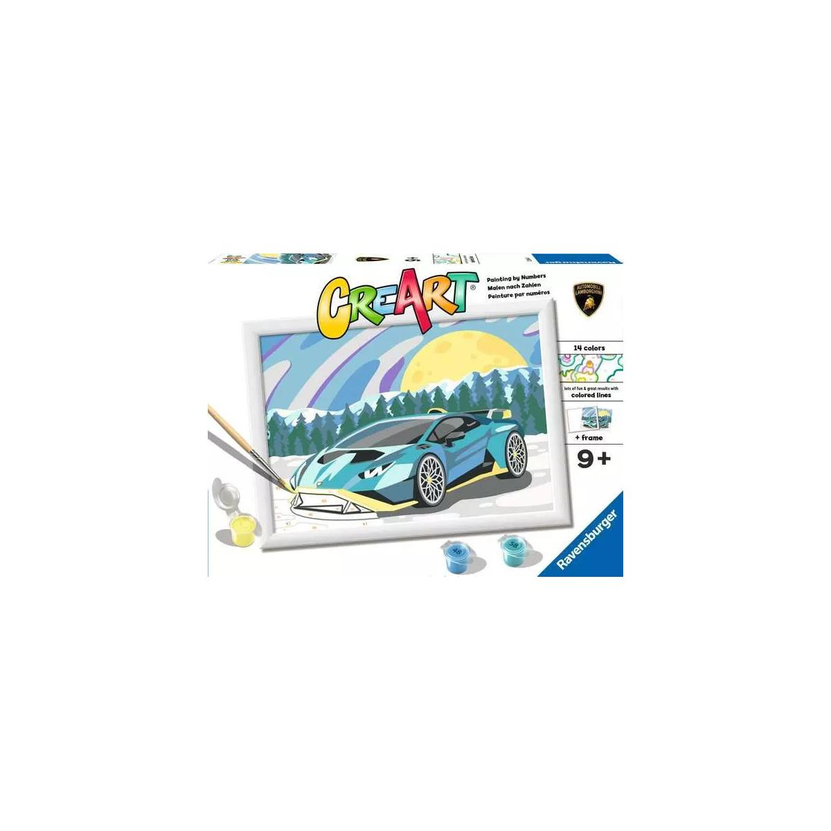 Kit pittura per numeri con auto sportiva blu e scena invernale.