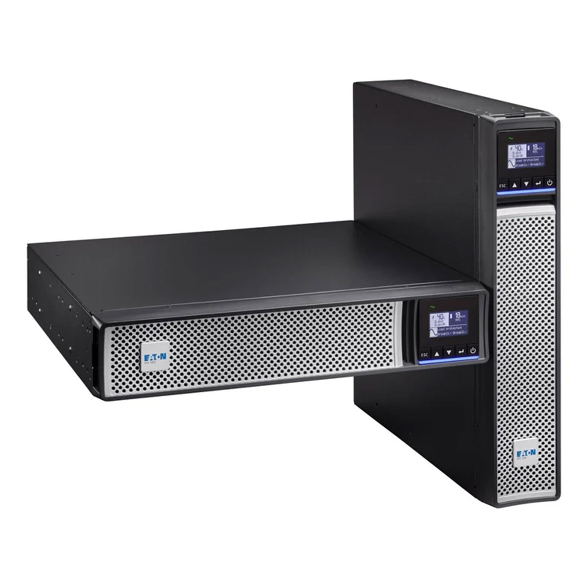 Due unità UPS Eaton nere, una orizzontale e una verticale, con display.