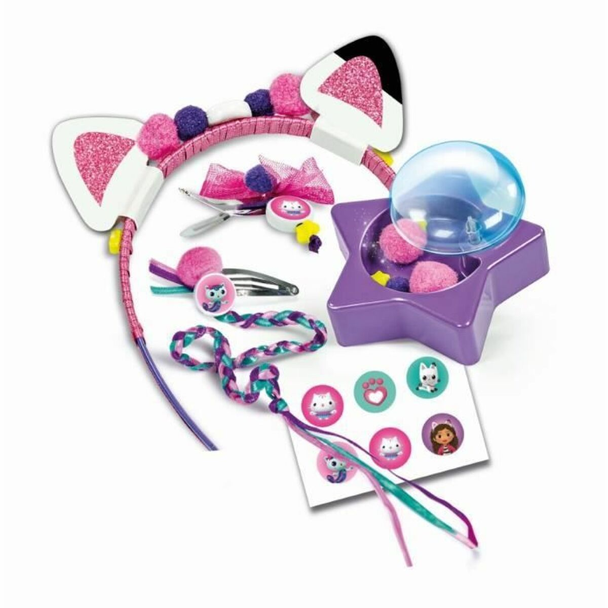 Una fascia con orecchie da gatto con glitter rosa, pompon, fermagli per capelli, ciocche intrecciate e adesivi.