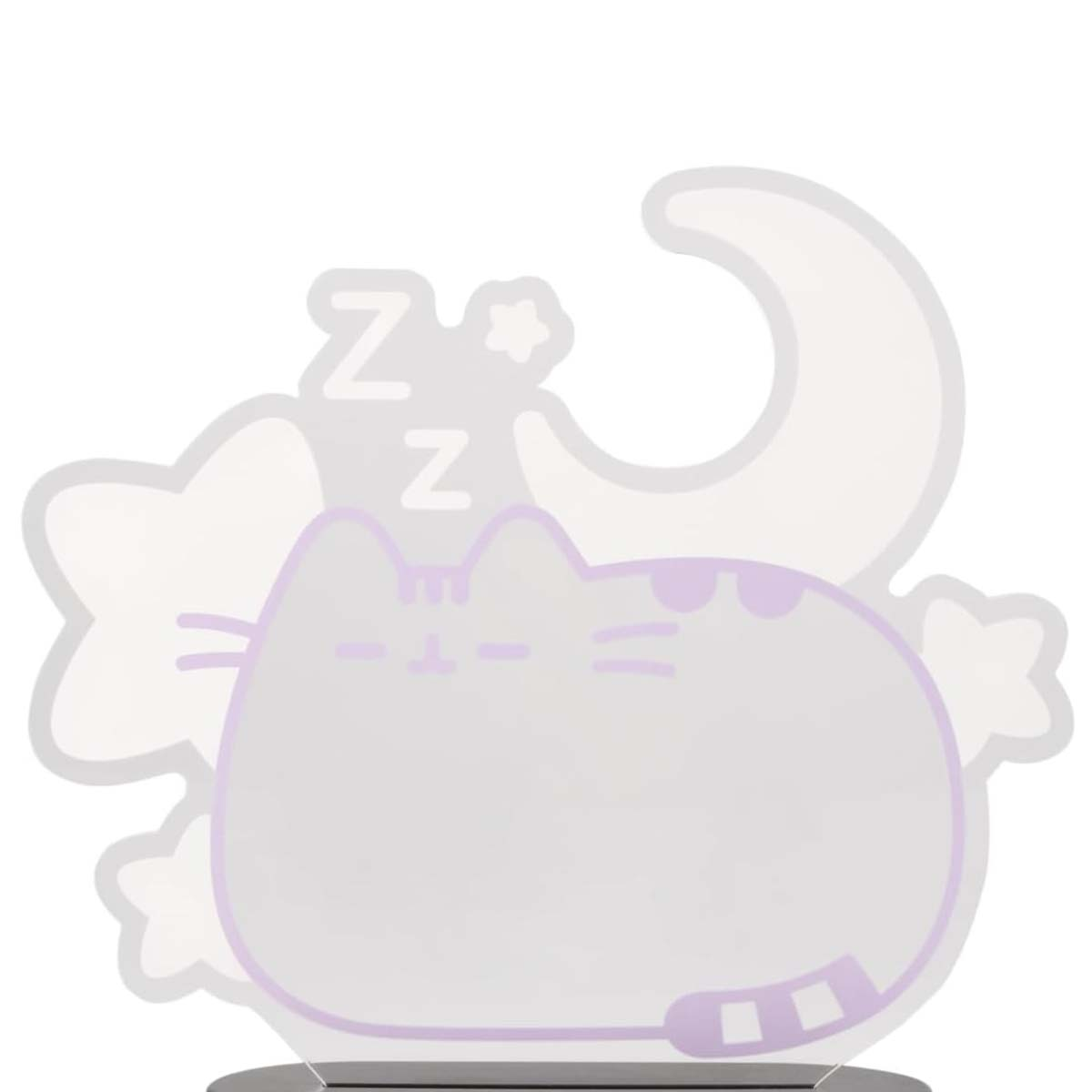Eine durchscheinende Katzensilhouette mit geschlossenen Augen, Sternen und Mond. Zwei 'Z's schweben darüber.