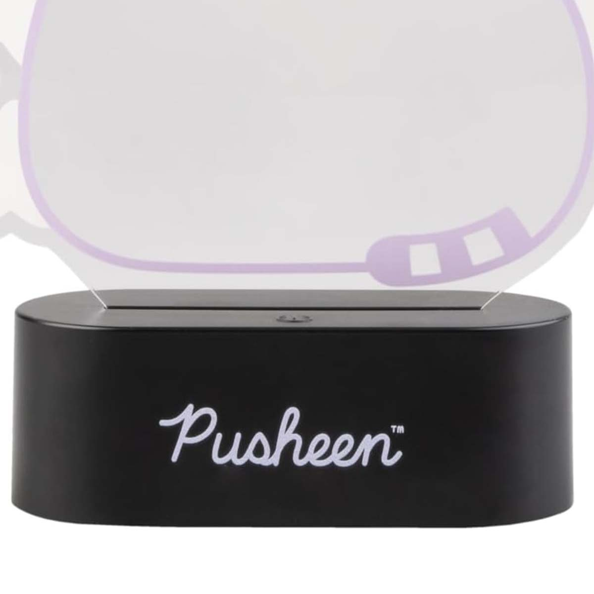 Schwarzer Sockel mit Pusheen-Logo unter einer klaren leuchtenden Platte.