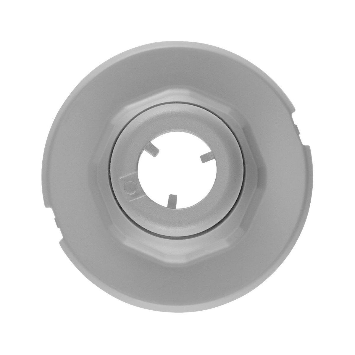 Parte circolare in plastica grigia con apertura centrale e bordo esterno esagonale.