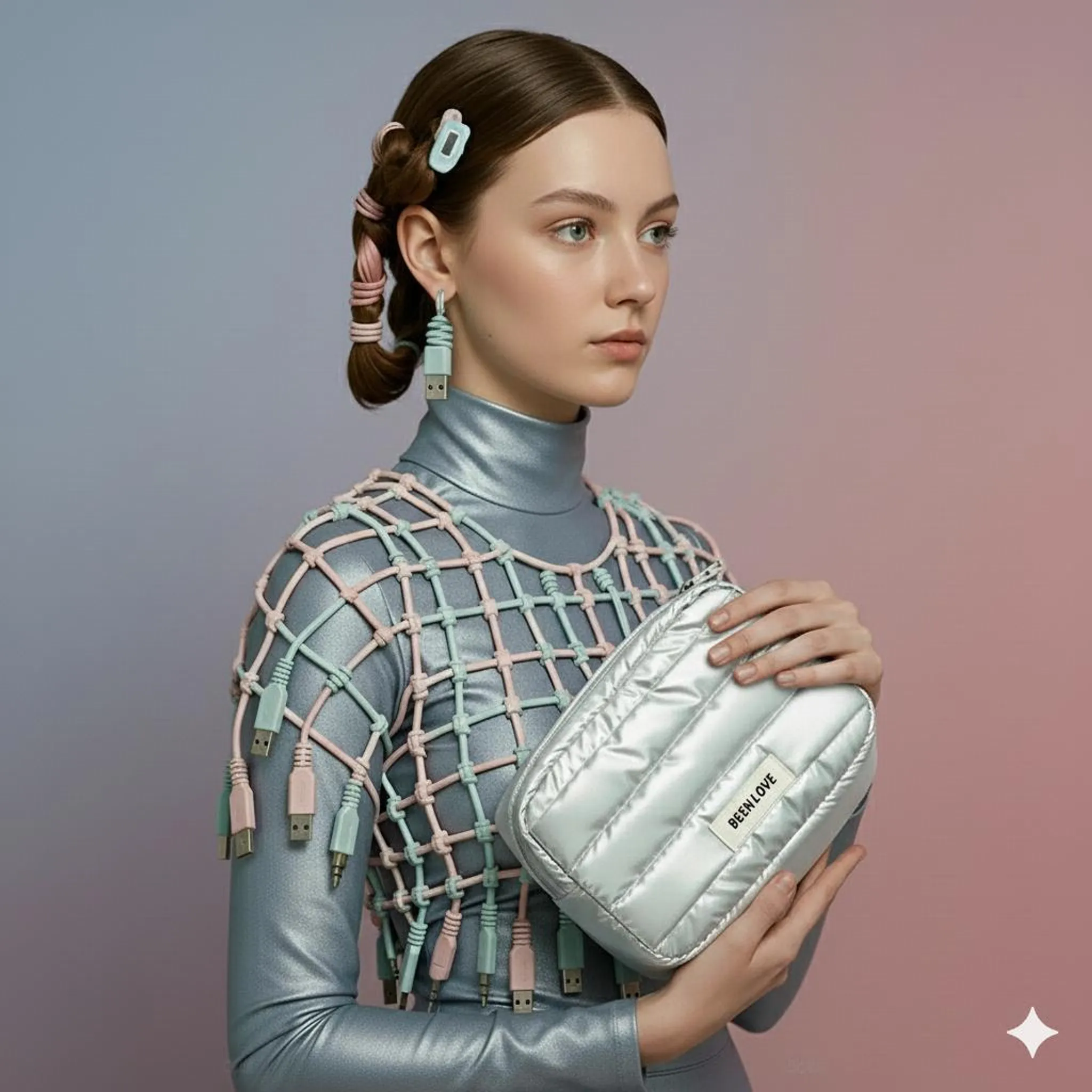 Frau mit einem silbernen Kleid, das mit Kabeln verziert ist, und einer gesteppten silbernen Tasche.