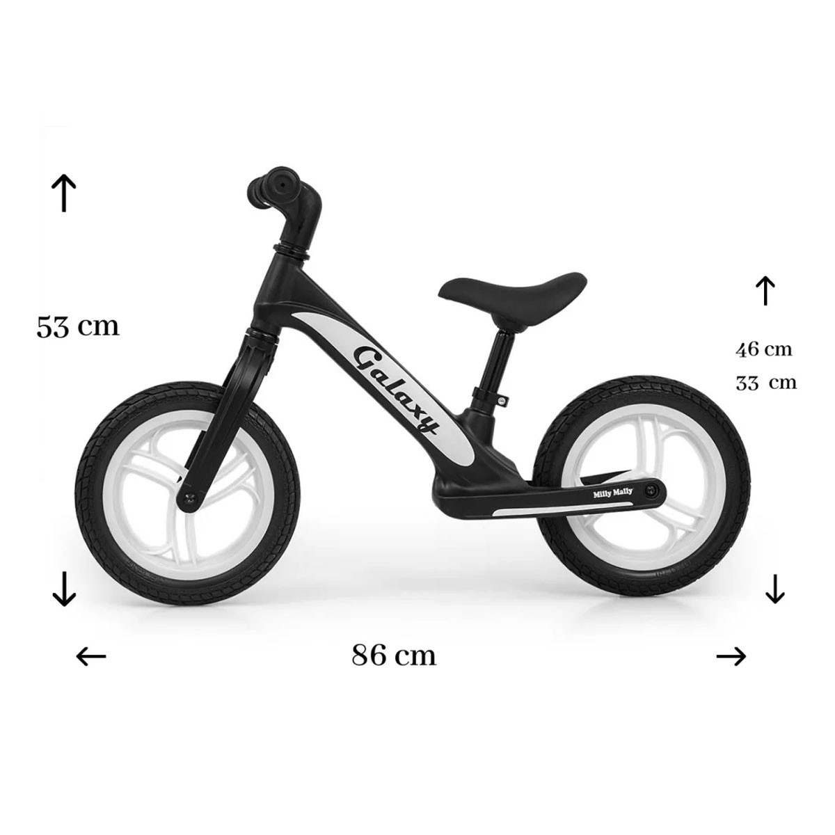 Bicicletta senza pedali nera Galaxy con ruote bianche e dimensioni.