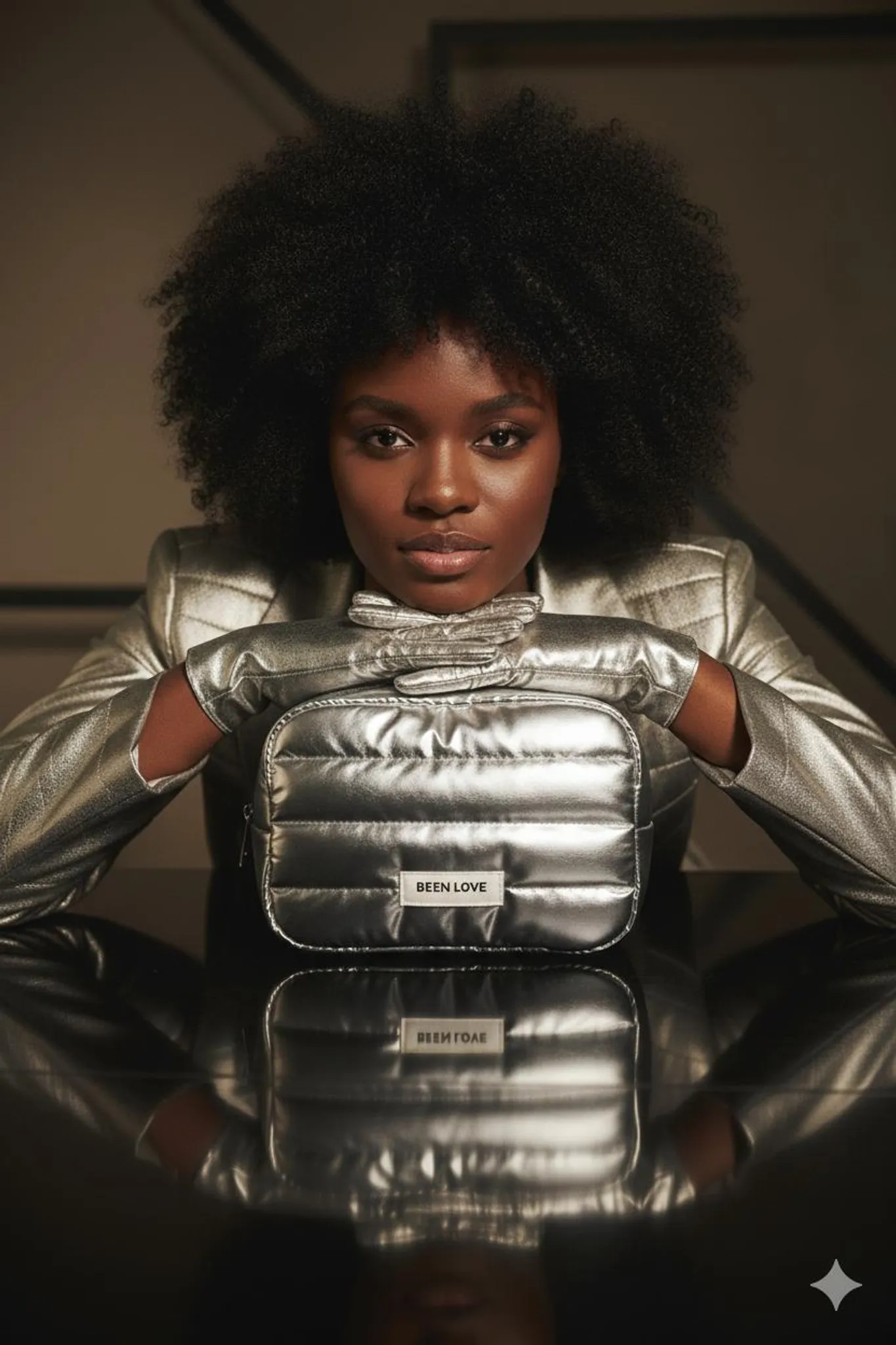 Eine Schwarze Frau mit Afrohaaren trägt eine silberne Jacke und Handschuhe und hält eine silberne Tasche.