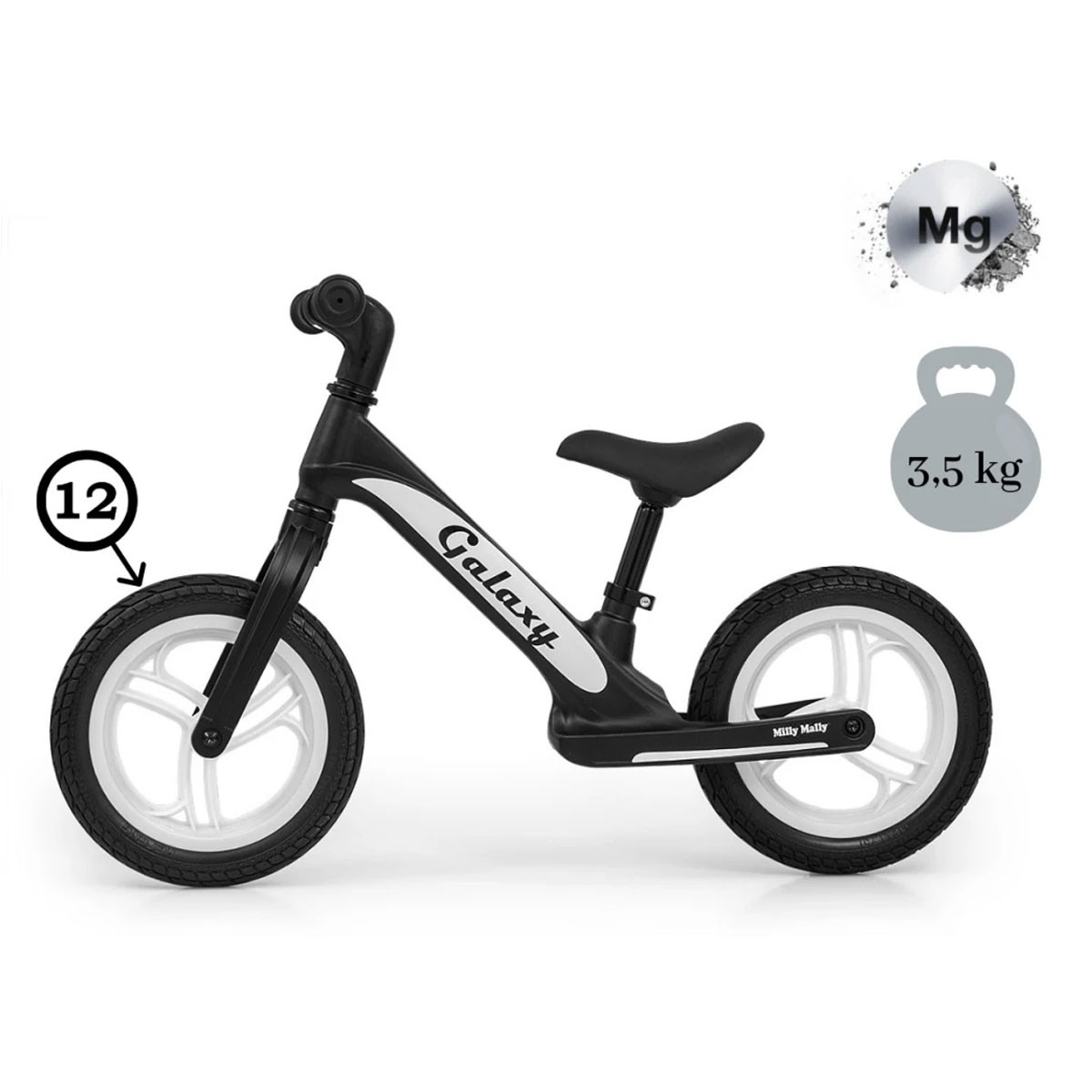 Bicicletta senza pedali Galaxy bianco e nero, ruote da 12 pollici, 3,5 kg.
