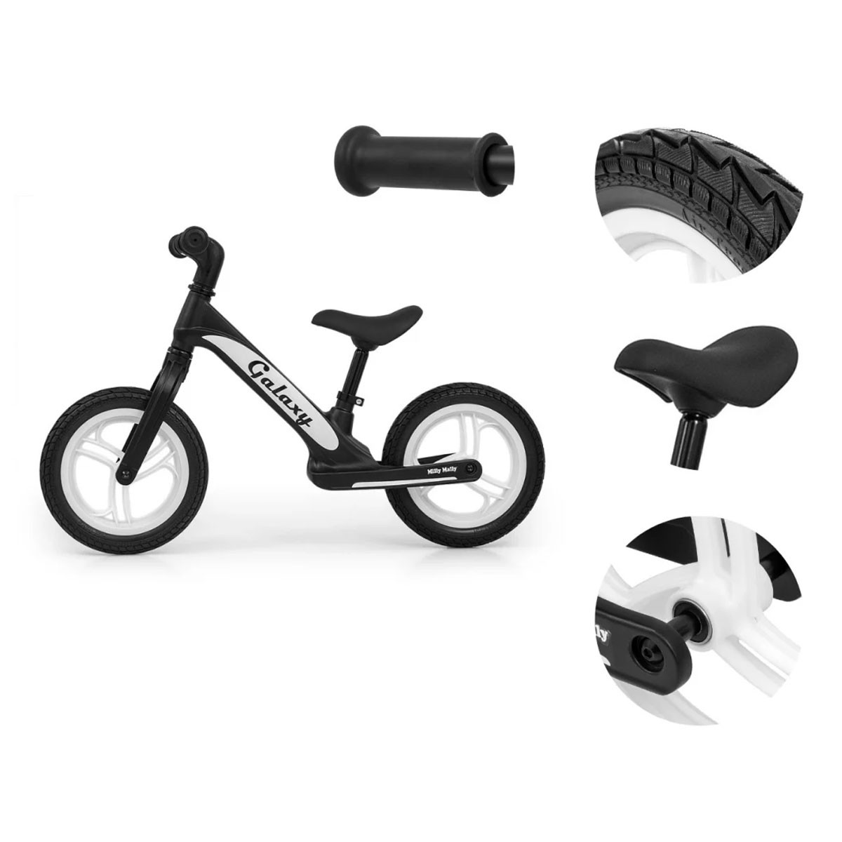 Bicicletta senza pedali nera con ruote bianche, manopola, sella e dettaglio mozzo.