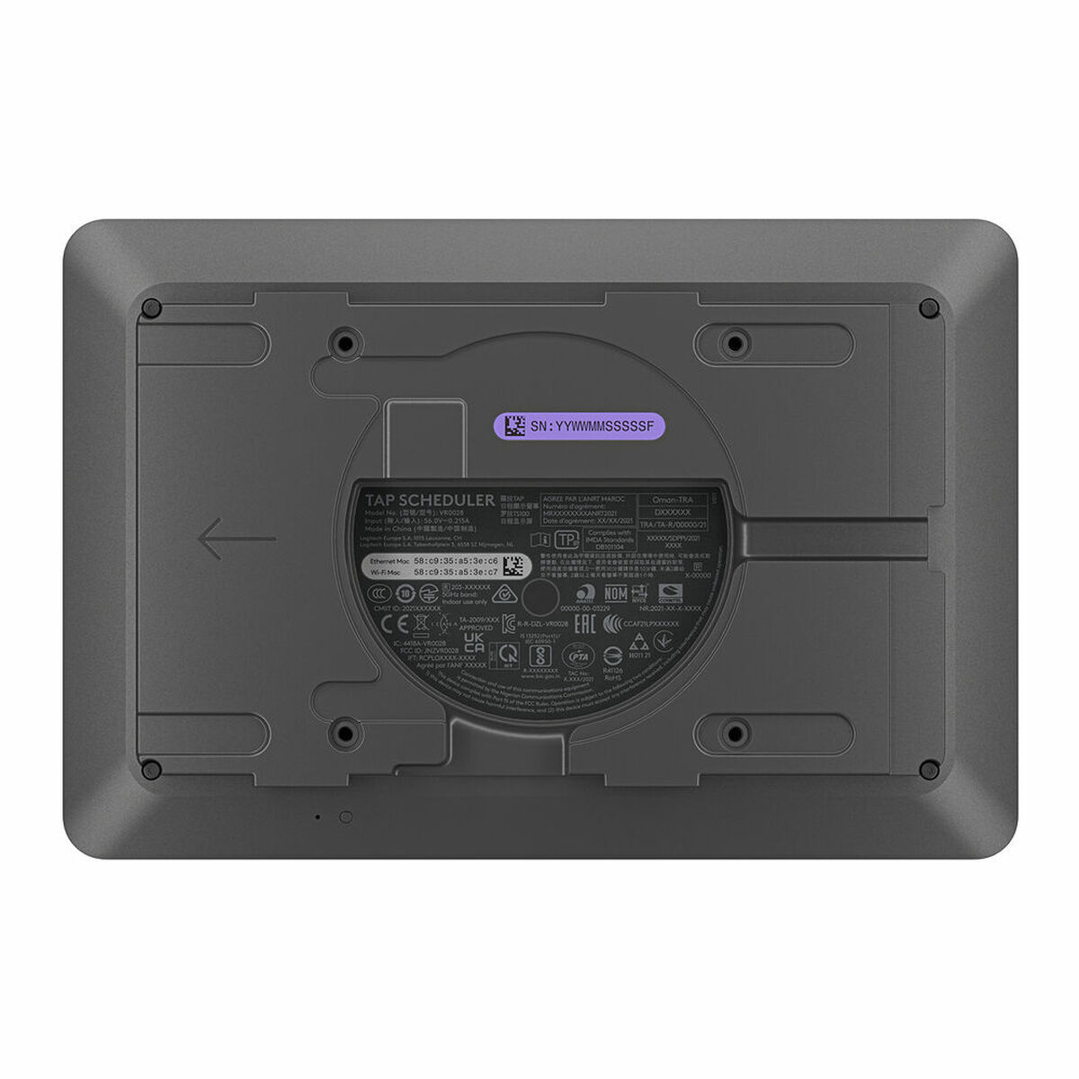Vista posteriore di un tablet grigio scuro che mostra etichette e numero di serie.