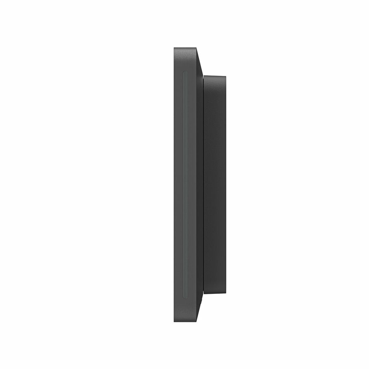 Vista laterale di un dispositivo elettronico nero con una sottile linea grigia sul bordo sinistro.
