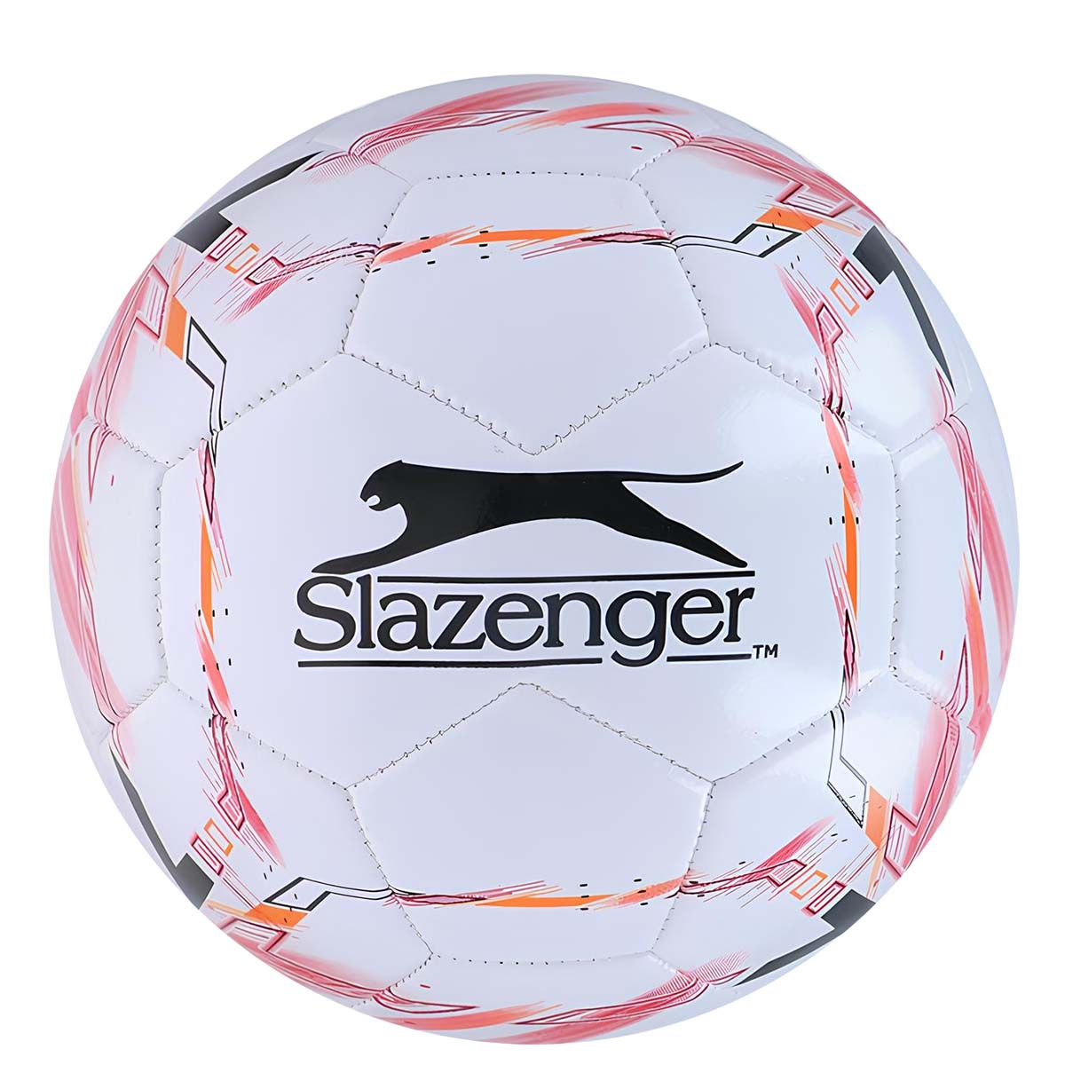 Un pallone da calcio bianco con disegni astratti arancioni e rossi e il logo Slazenger.