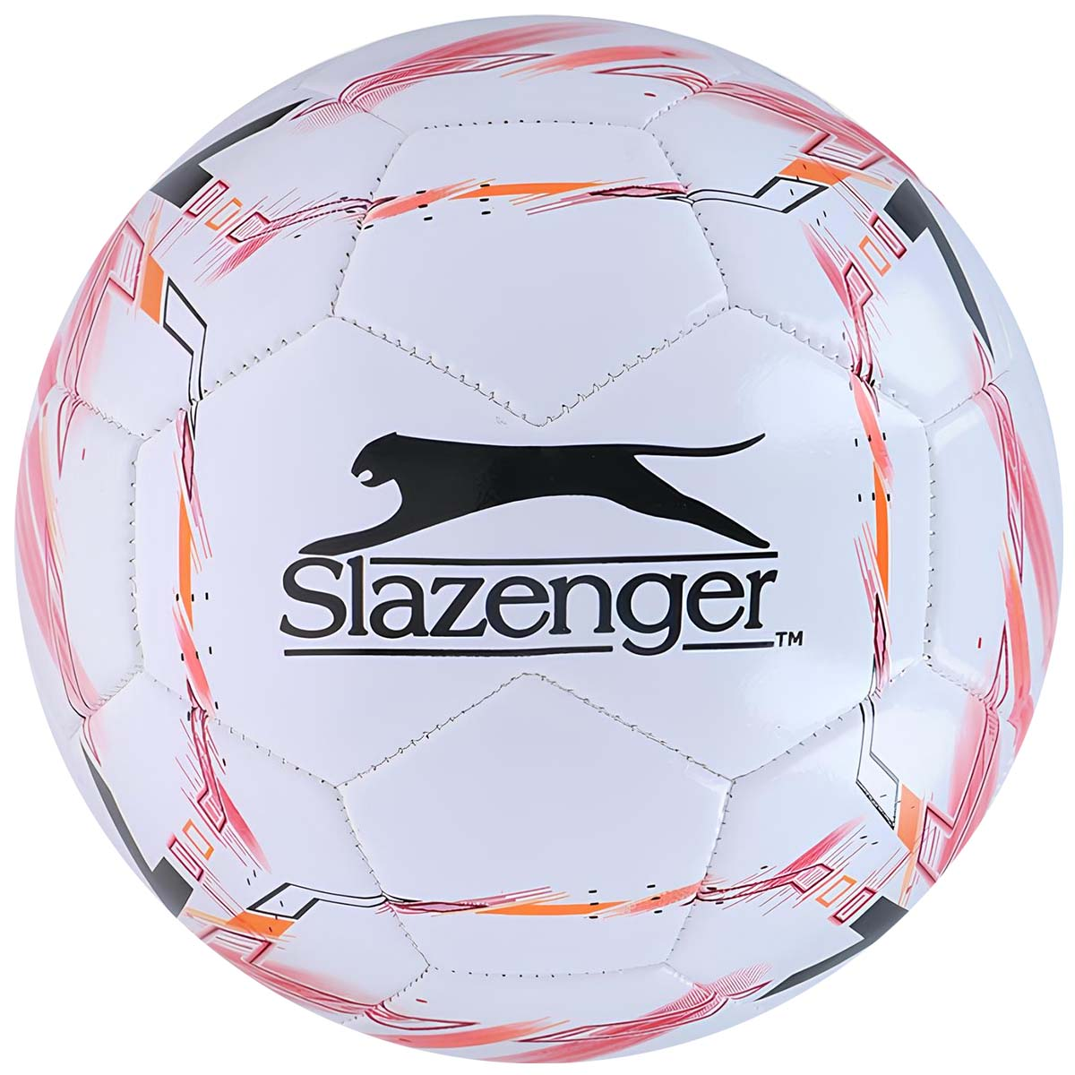 Un pallone da calcio bianco con il logo Slazenger e grafica rossa/arancione.