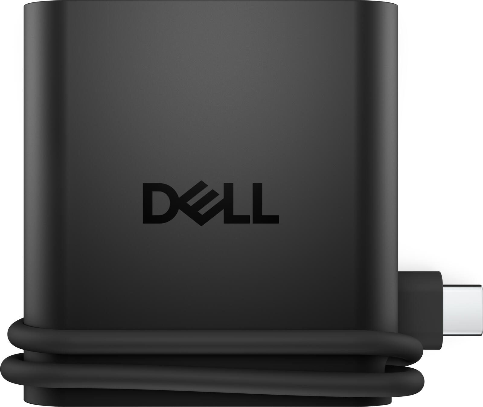 Siyah Dell USB-C adaptör, sarılı kablo ve gümüş konektörlü.