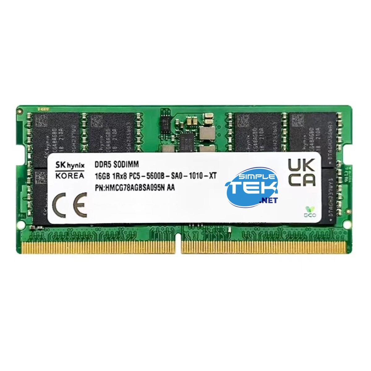 Un modulo RAM DDR5 SODIMM verde con chip SK hynix, etichettato '16GB 1Rx8 PC5-5600B'.