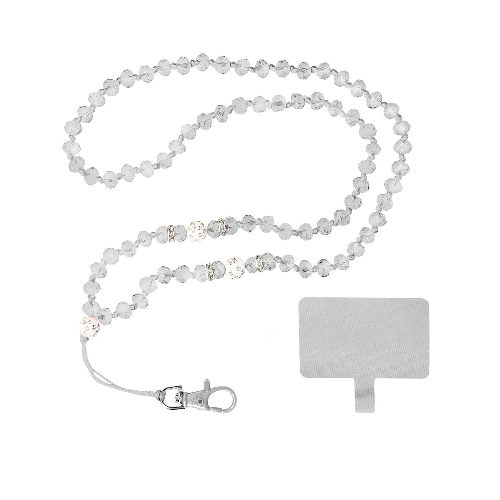 Collana di perle trasparenti con accenti argentati e adesivo per supporto telefono.