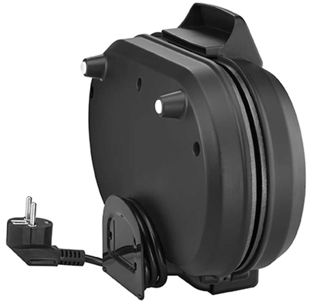 Czarna gofrownica z kablem i wtyczką jest pokazana na białym tle.