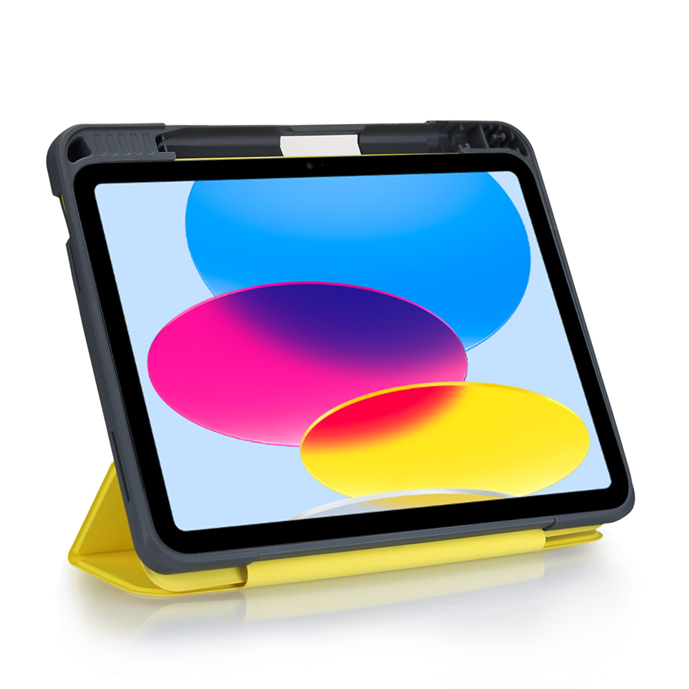 Un tablet grigio scuro con custodia e supporto gialli, che mostra uno sfondo astratto colorato.