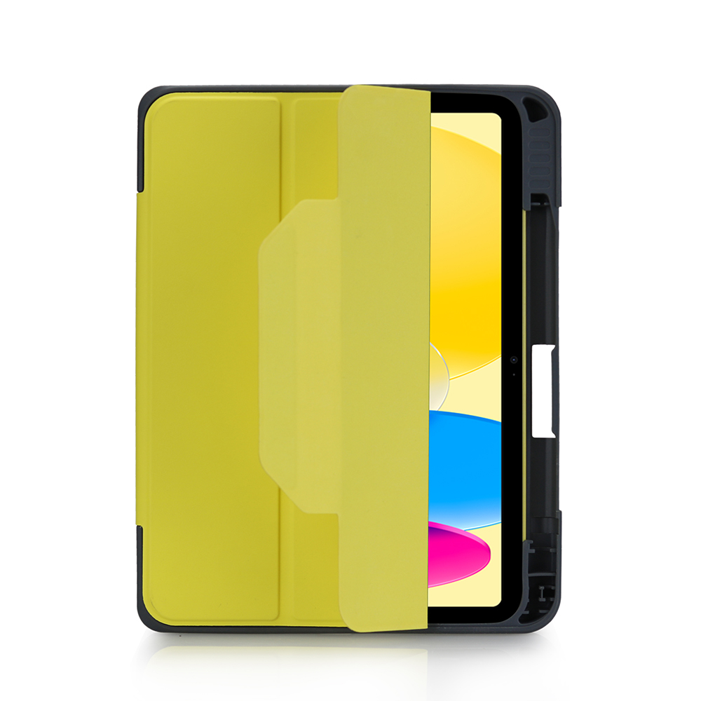 Una custodia gialla per tablet è aperta, rivelando uno schermo con forme astratte colorate.