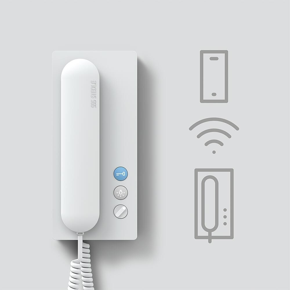 Un citofono bianco con pulsanti, e icone di cellulare e unità esterna.