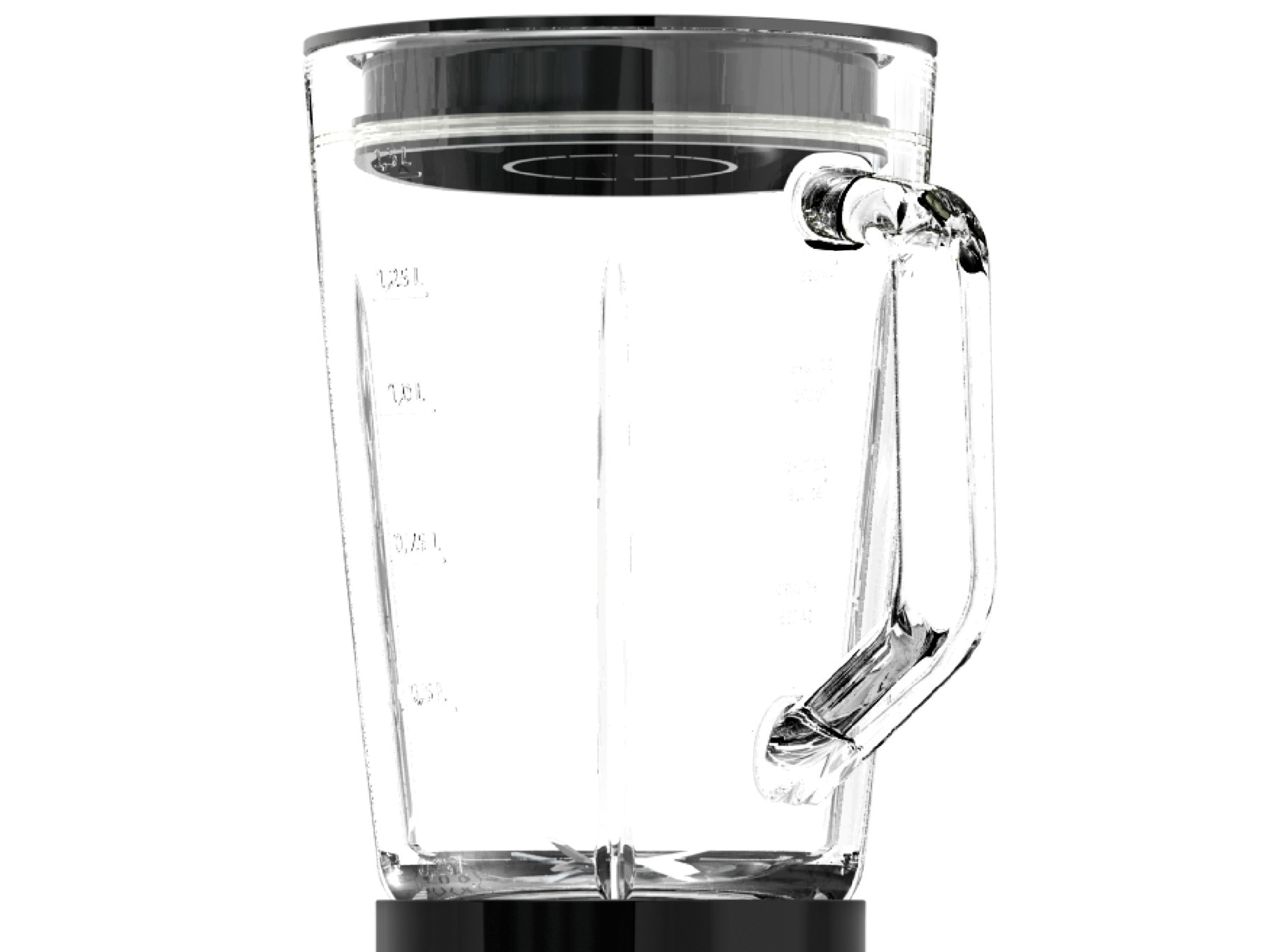 Caraffa trasparente per frullatore in vetro con coperchio e manico neri, mostra segni di volume.
