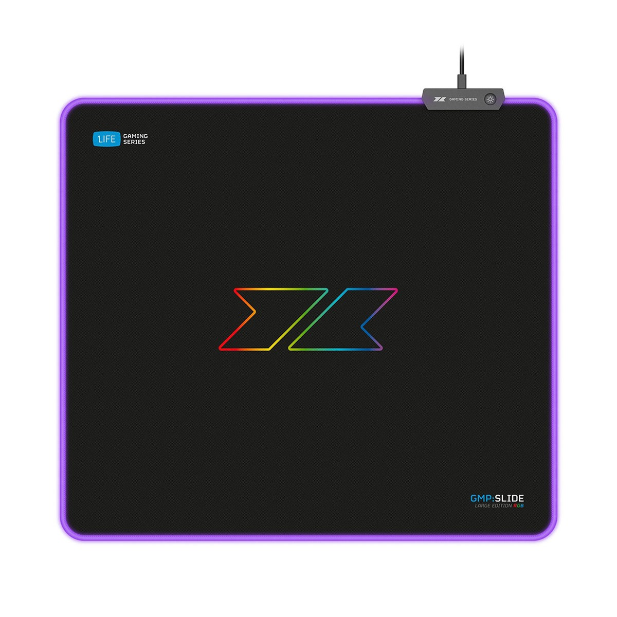 Tappetino mouse gaming nero con bordo RGB viola. Logo 'LIFE GAMING SERIES' e logo 'ZZ' arcobaleno.