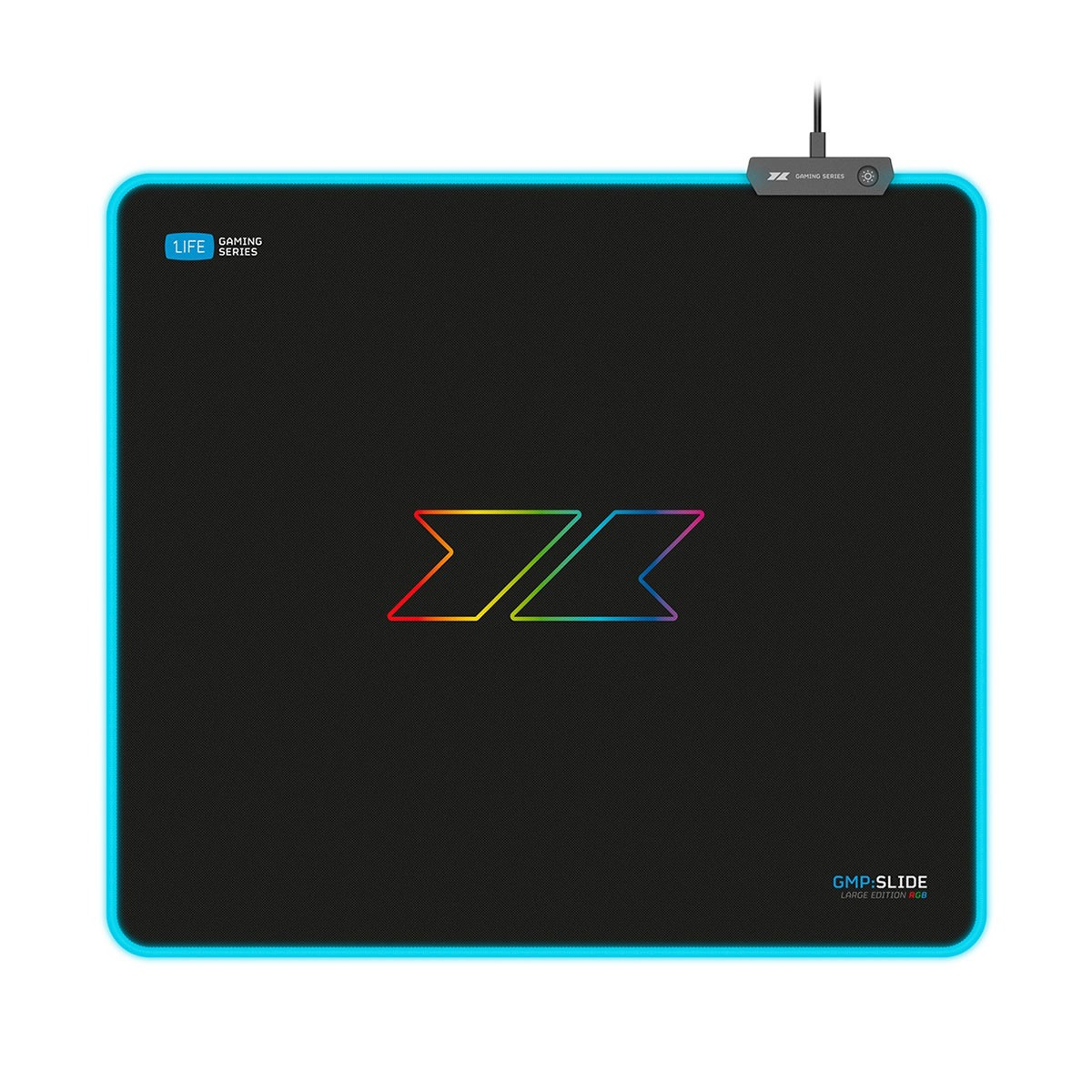 Tappetino mouse gaming nero con illuminazione RGB blu e logo colorato al centro.