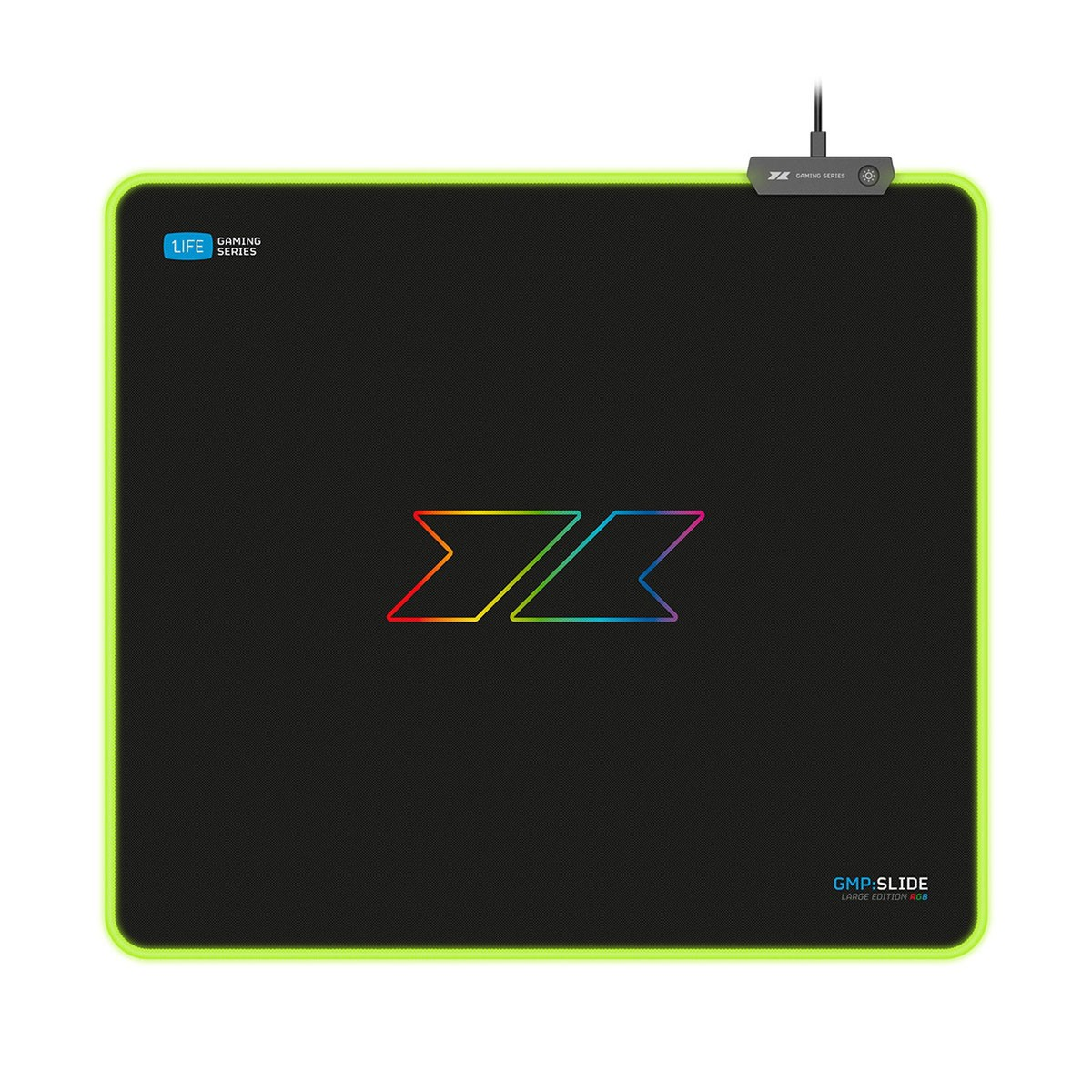 Tappetino per mouse da gioco nero con bordo verde neon e logo arcobaleno.