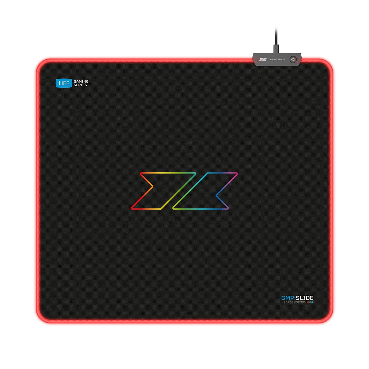 Tappetino per mouse da gaming nero con illuminazione RGB rossa sui bordi, logo arcobaleno e testo.