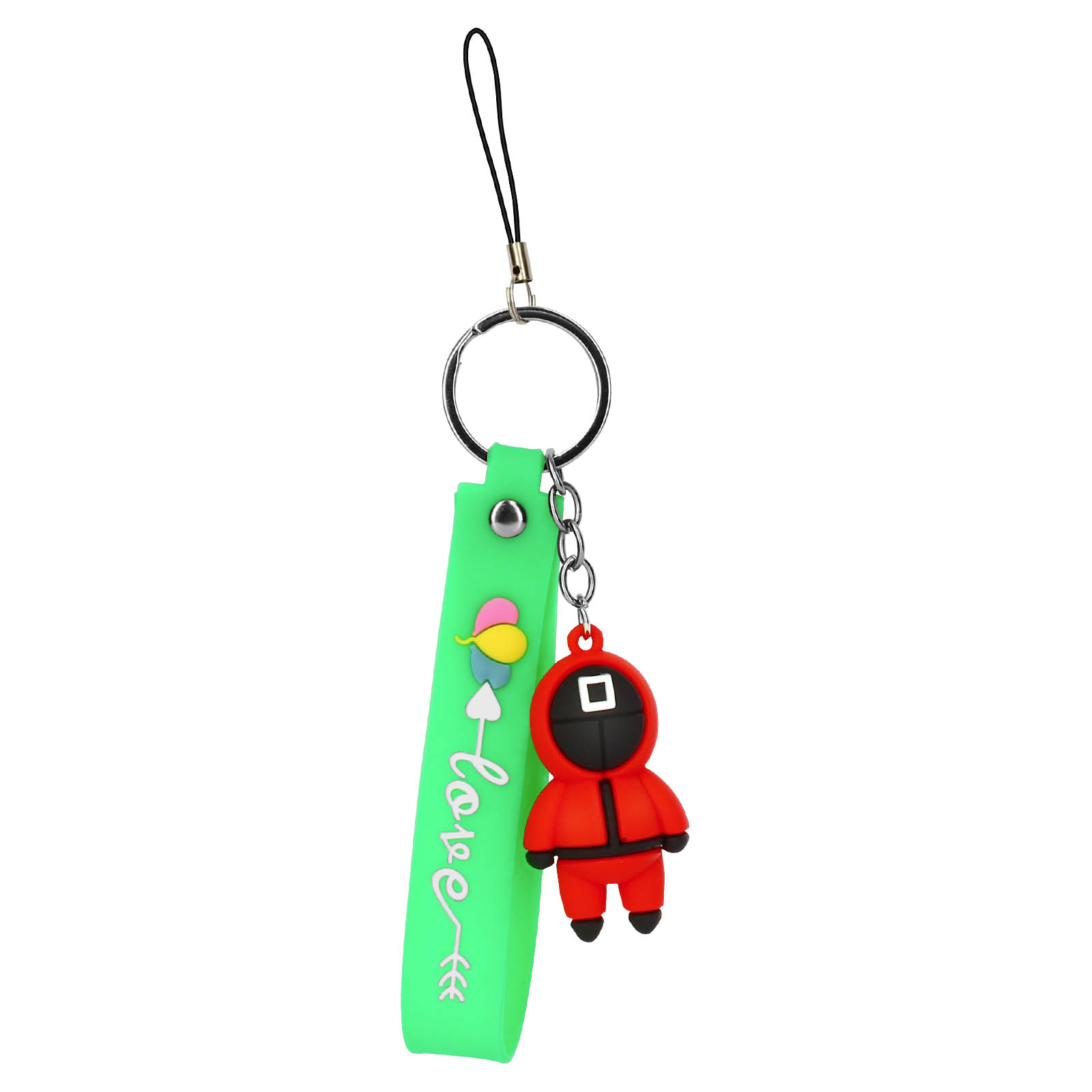 Un portachiavi con una figura rossa e un cinturino verde con la scritta 'love'.