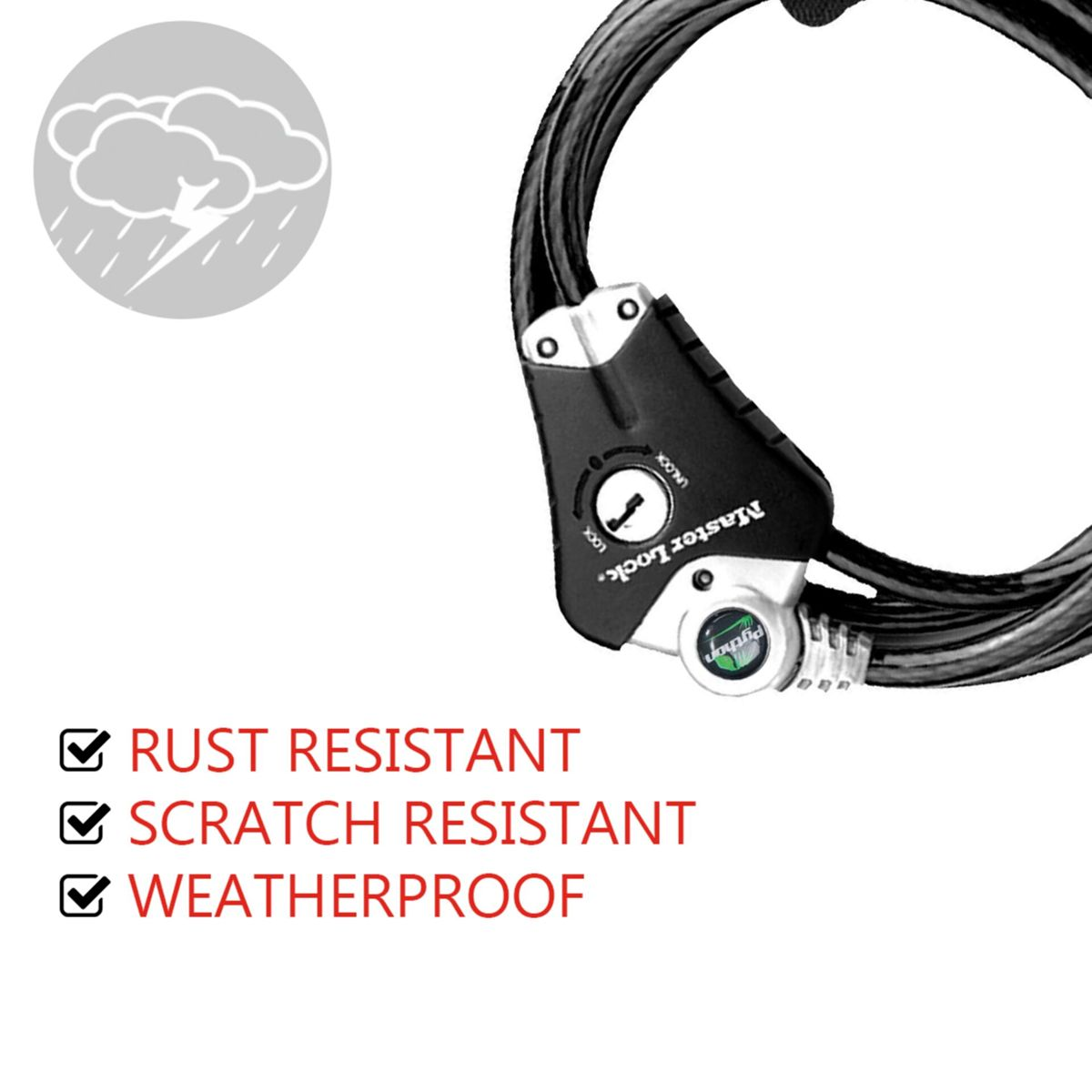 Un lucchetto a cavo Master Lock Python nero resistente a ruggine, graffi e intemperie.